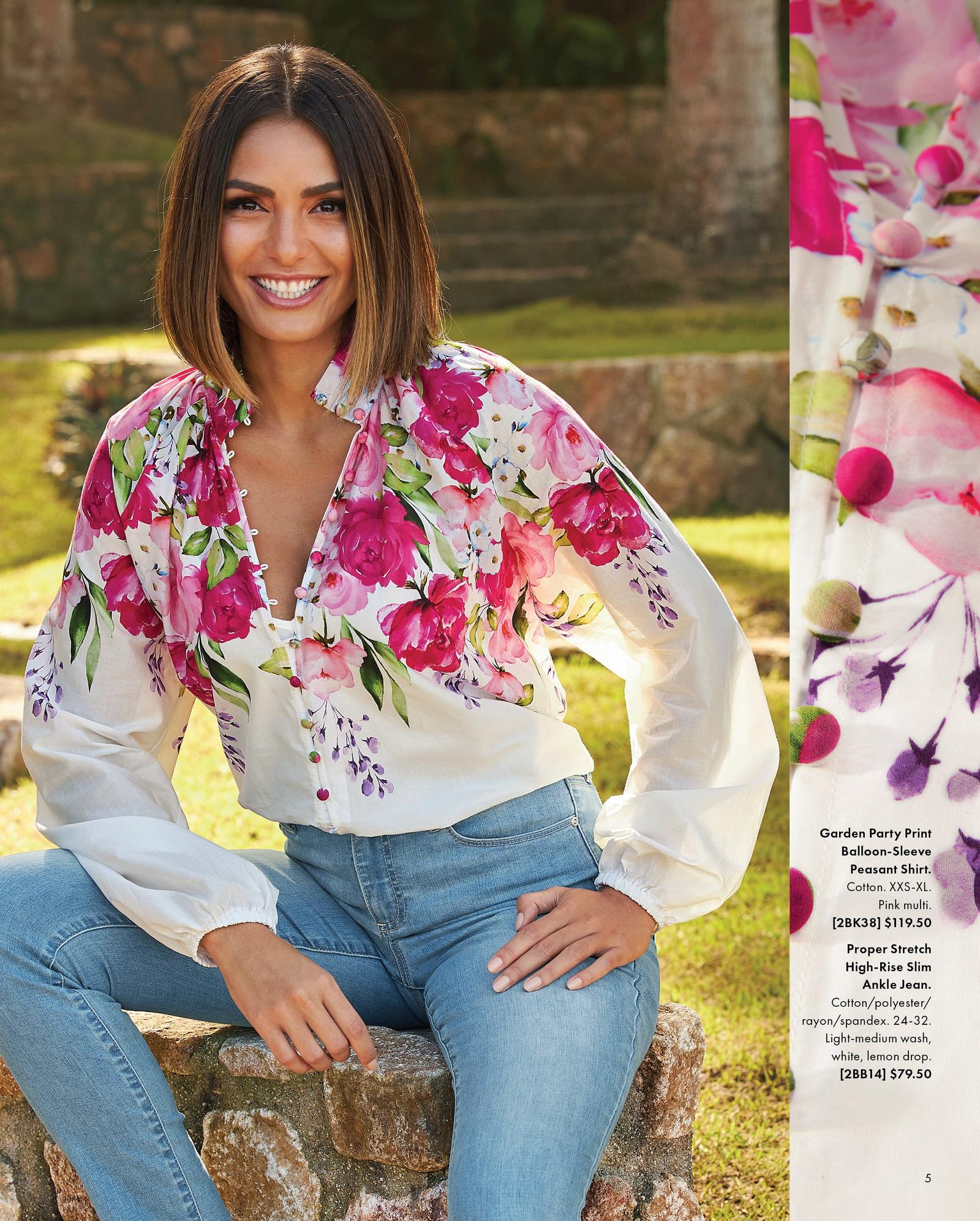 model wearing a white and pink floral pattern balloon sleeve peasant shirt and light wash jeans.