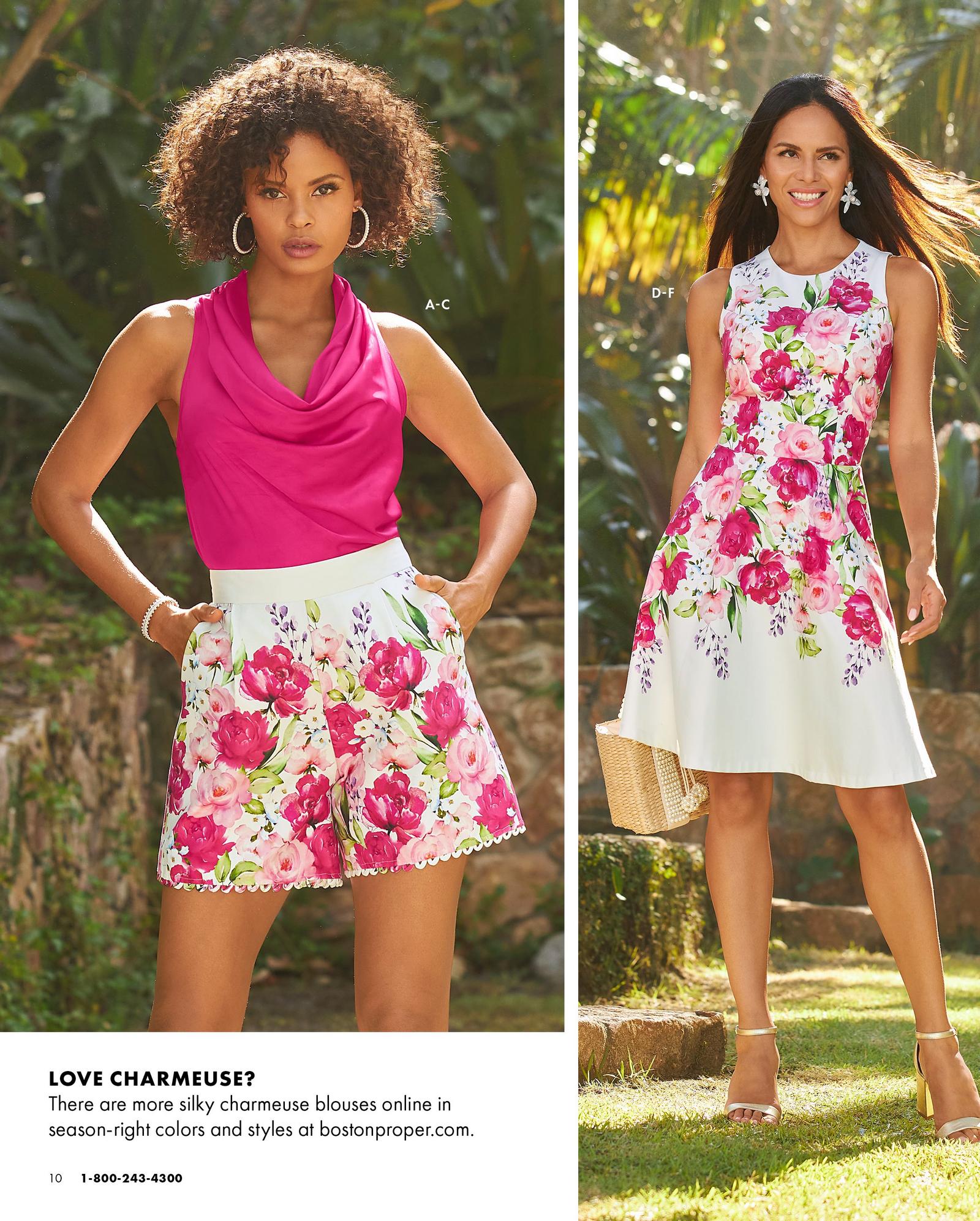 left model wearing a hot pink cowl neck sleeveless charmeuse blouse and floral print high-waisted shorts. right model wearing a floral print sleeveless fit-and-flare dress, white flower earrings, and pearl embellished straw bag.