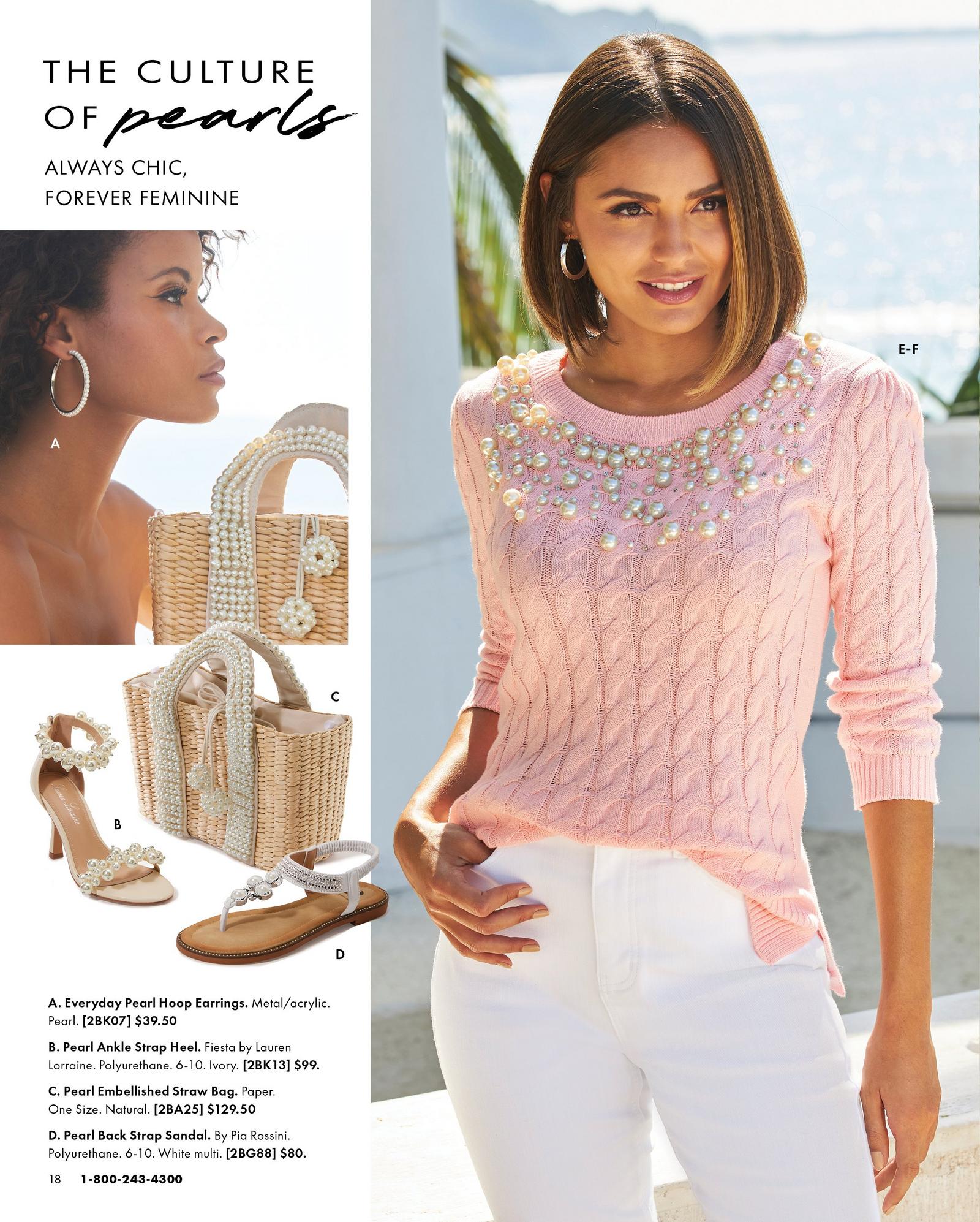 left panel shows pearl hoop earrings, pearl embellished straw bag, pearl embellished ankle strap heels, and pearl embellished flat sandals. right model wearing a pink pearl embellished cable-knit sweater and white jeans.
