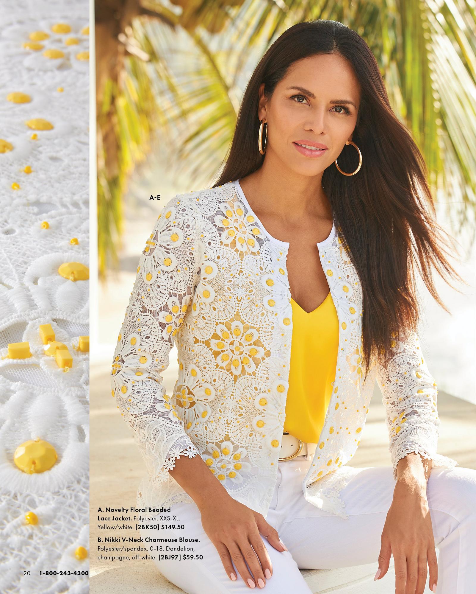 model wearing a white and yellow floral beaded lace jacket, yellow v-neck top, white belt, white jeans, and gold hoop earrings.