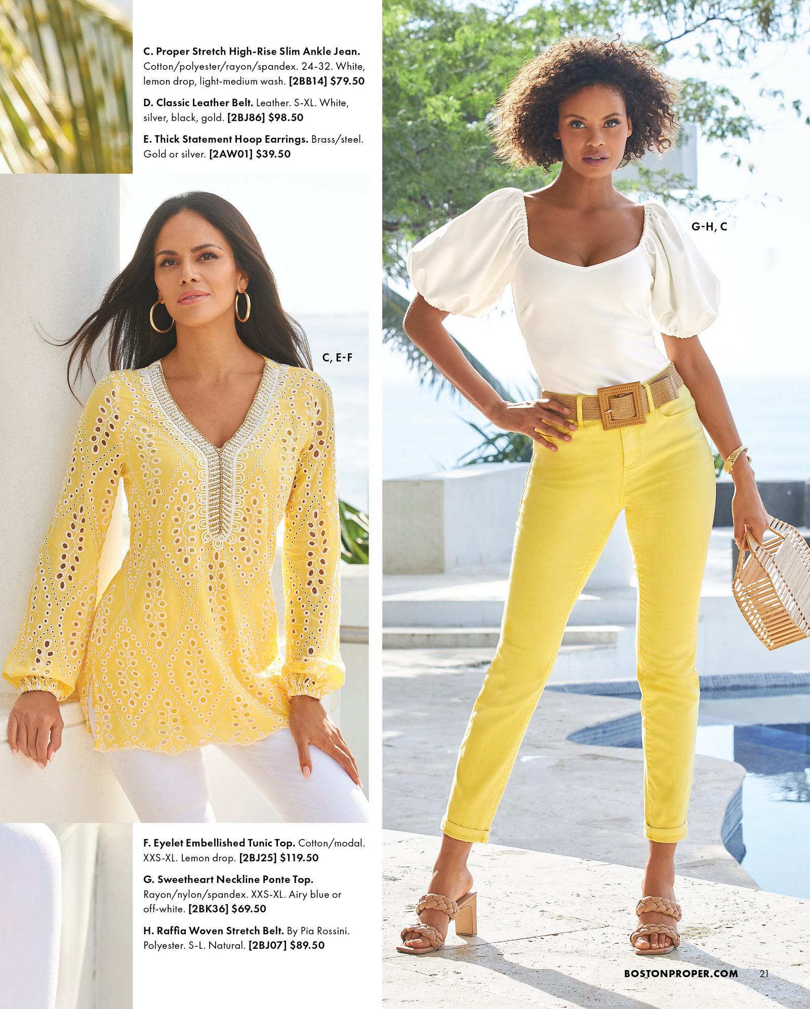 left model wearing a yellow eyelet embellished tunic top, gold hoop earrings, and white jeans. right model wearing a white puff-sleeve top, raffia belt, yellow jeans, and tan braided block heels.