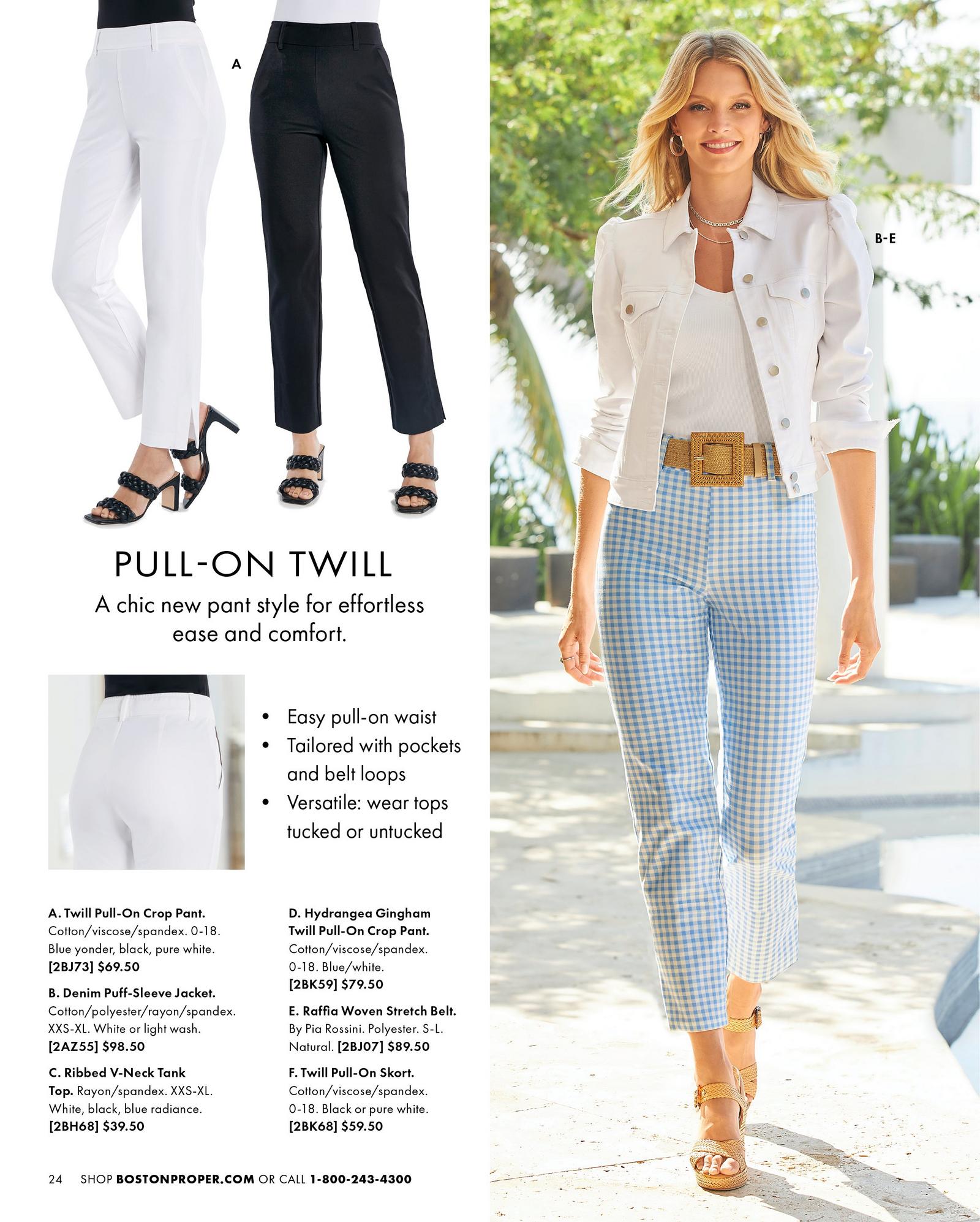 top left models wearing black and white twill pull-on pants. right model wearing a white tank top, white puff-sleeve denim jacket, raffia belt, blue and white gingham twill pull-on crop pant.