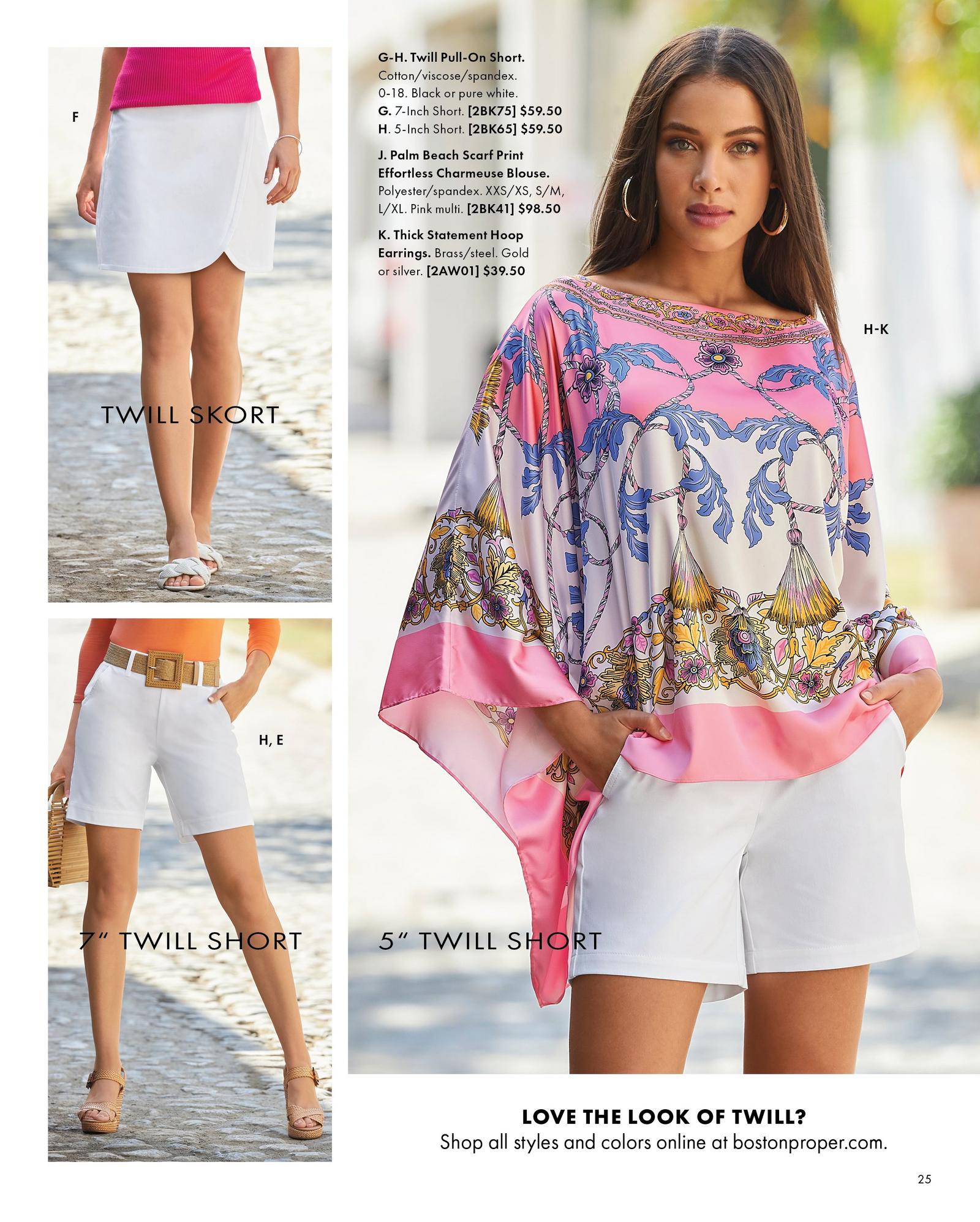 top left model wearing a white skort, pink top, and white braided sandals. bottom left model wearing white shorts, raffia belt, orange top, and raffia wedges. right model wearing a scarf print charmeuse blouse, white twill shorts, and gold hoop earrings.