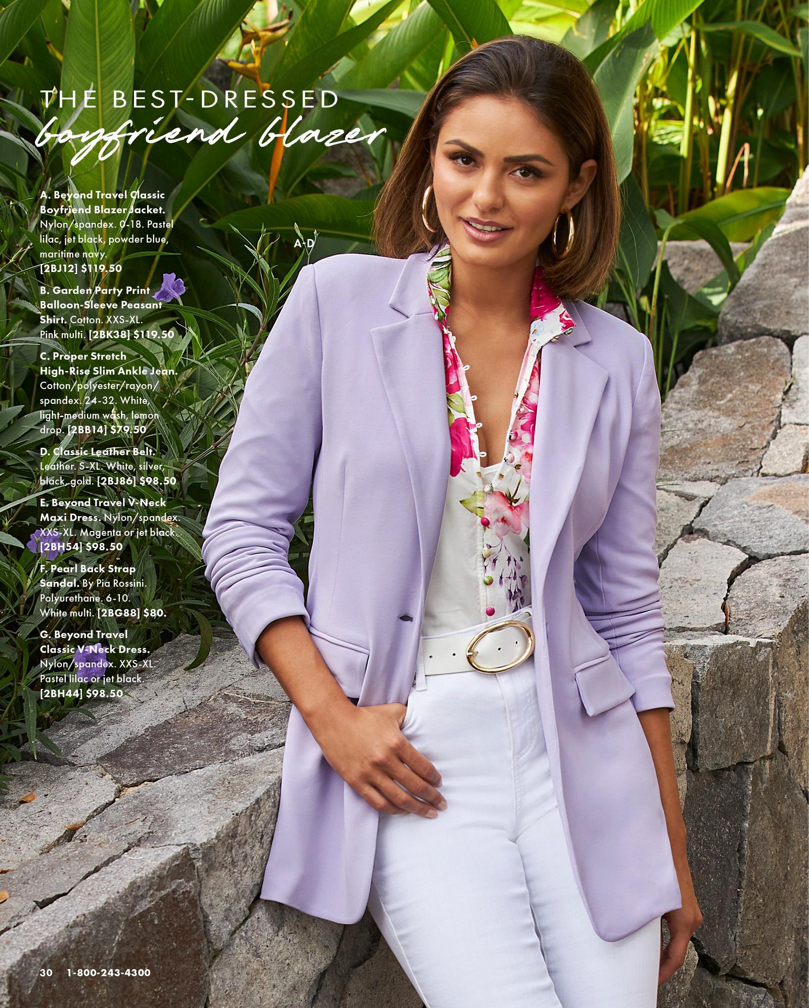 model wearing a lavender blazer, flower print button-down shirt, white belt, white jeans, and gold hoop earrings.