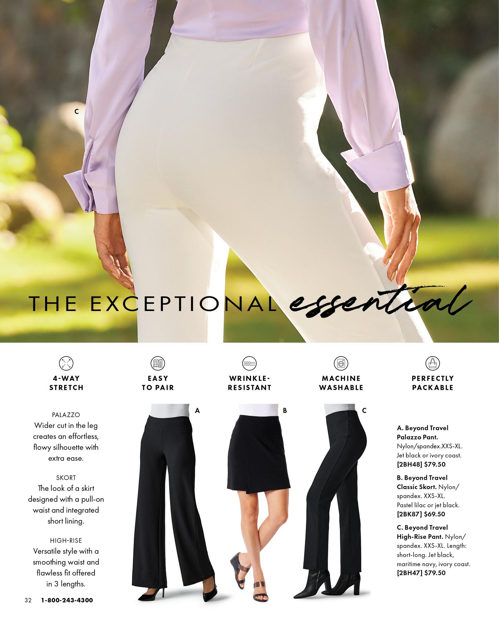 top model wearing a lavender long-sleeve top and white high-waisted pants. bottom panel shows black palazzo pants, black skort, and black straight-leg pants.