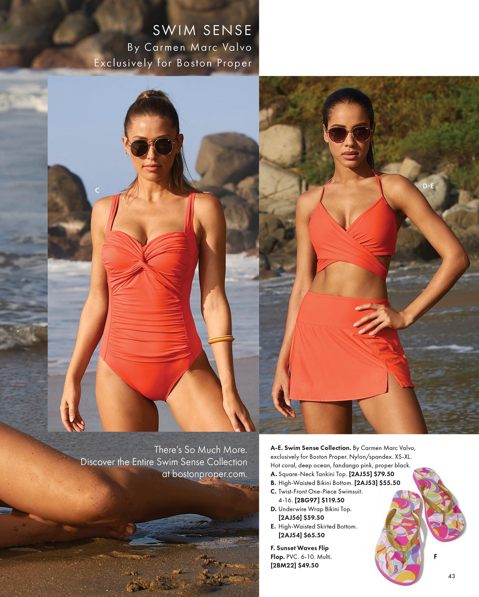 left model wearing an orange one-piece swimsuit. right model wearing an order bikini top and orange skirted bottoms. also shown: multicolored patterned sandals.
