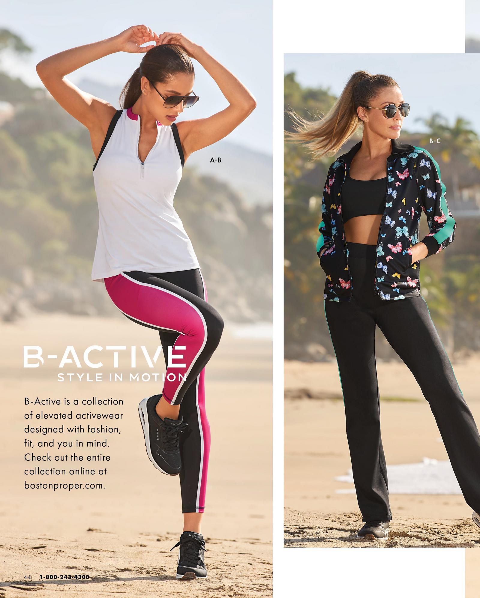 left model wearing a black, white, and pink color block sleeveless half-zip set and black sneakers. right model wearing a black butterfly print jacket and pant set and black sneakers.