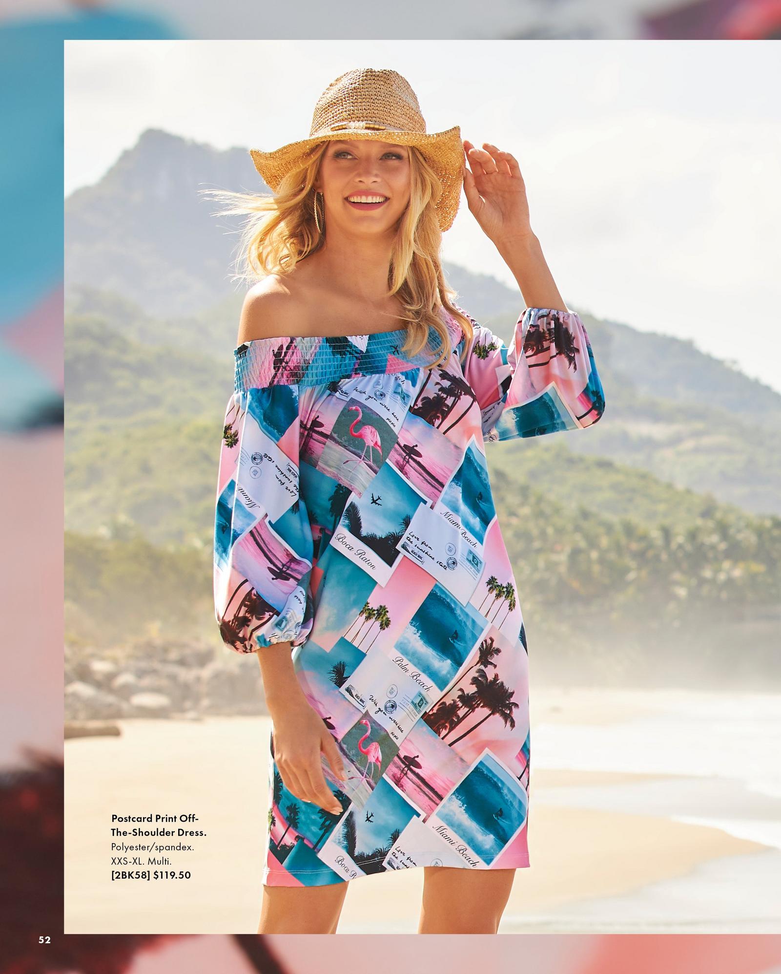 model wearing a multicolored postcard print off-the-shoulder dress and cowboy hat.