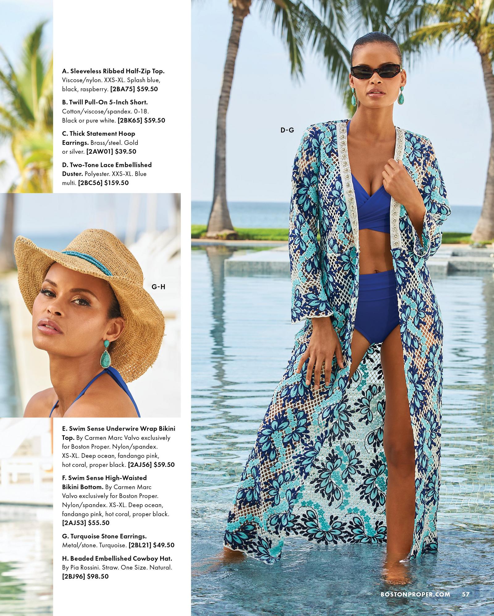 left model wearing a beaded cowboy hat and turquoise stone earrings. right model wearing a blue two-tone lace embellished duster, navy bikini, and turquoise stone earrings.