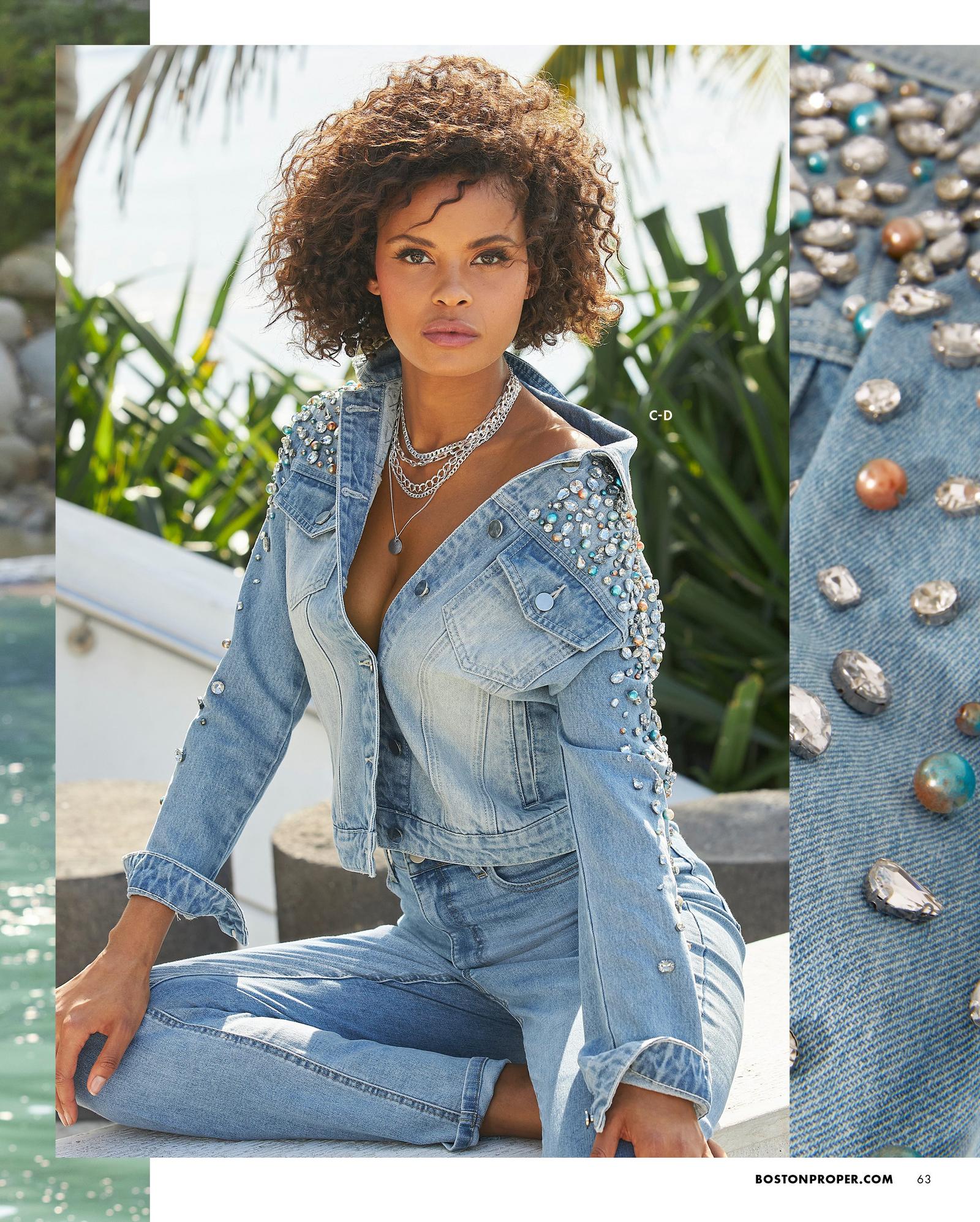 model wearing a pearl and jewel embellished denim jacket and light wash jeans.