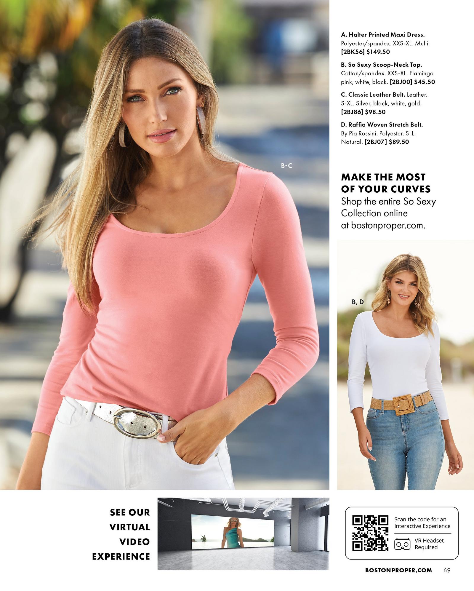 left model wearing a pink scoop neck three quarter sleeve top, silver belt, and white jeans. right model wearing a white scoop-neck three-quarter sleeve top, raffia belt, and light wash jeans.