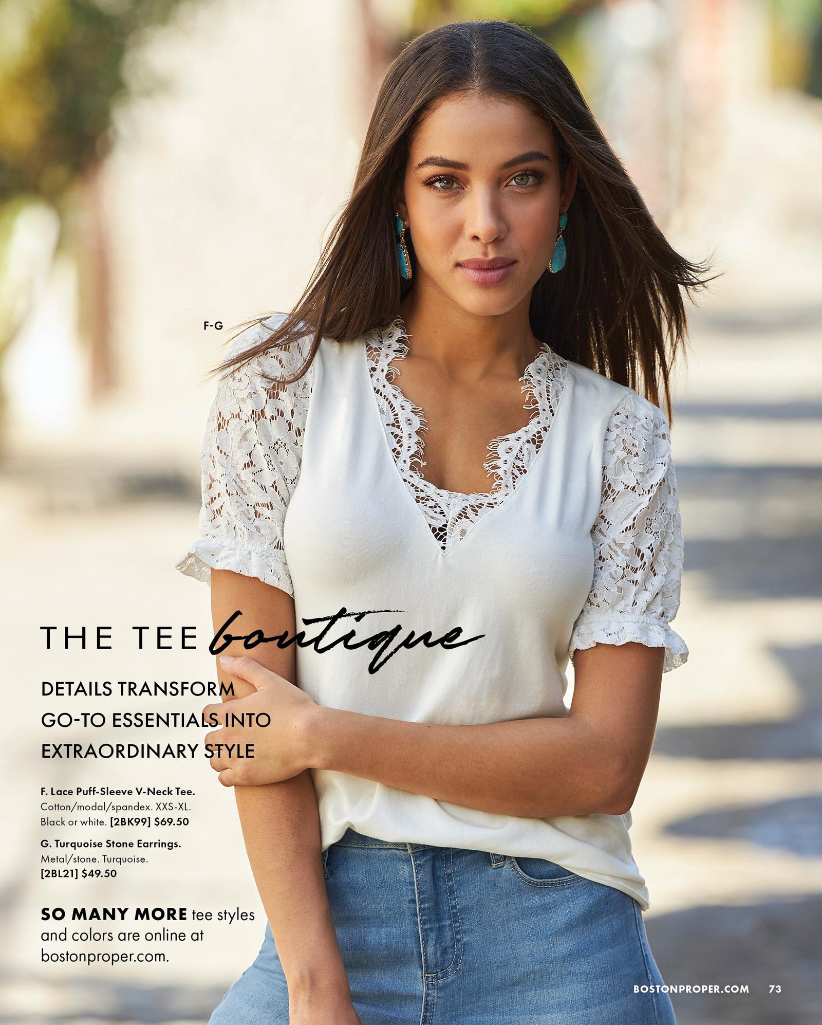 model wearing a white lace puff-sleeve v-neck tee, turquoise stone earrings, and light wash jeans.