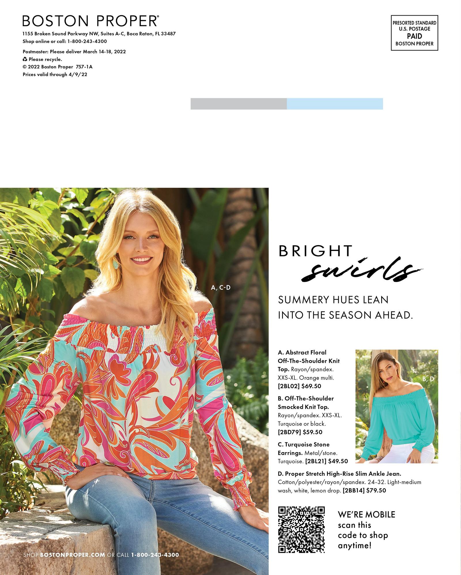 model wearing a multicolored print off-the-shoulder long sleeve top, turquoise stone earrings, and light wash jeans.