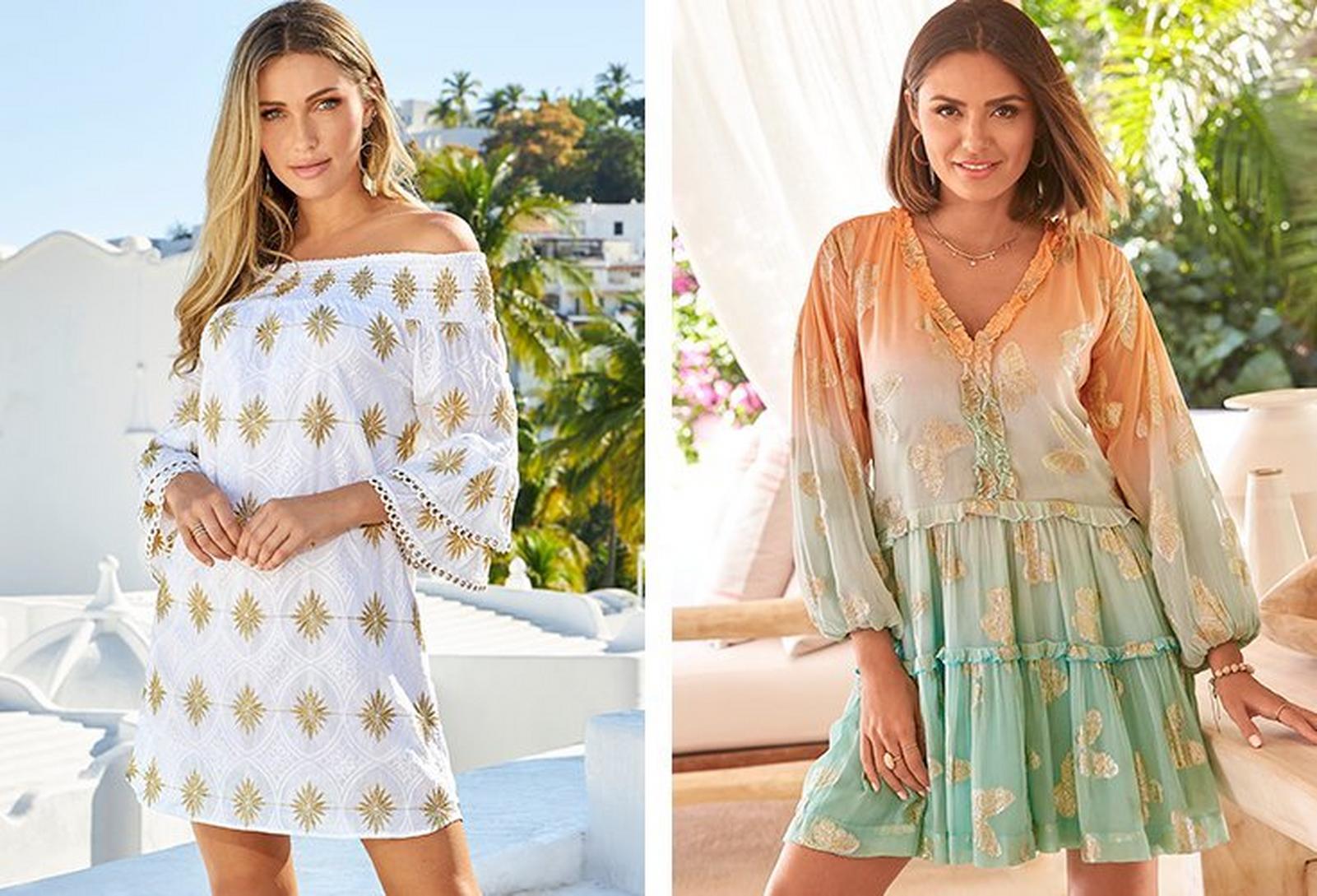 left model wearing a white and gold off-the-shoulder flare-sleeve dress. right model wearing an ombre gold butterfly print flare-sleeve dress.
