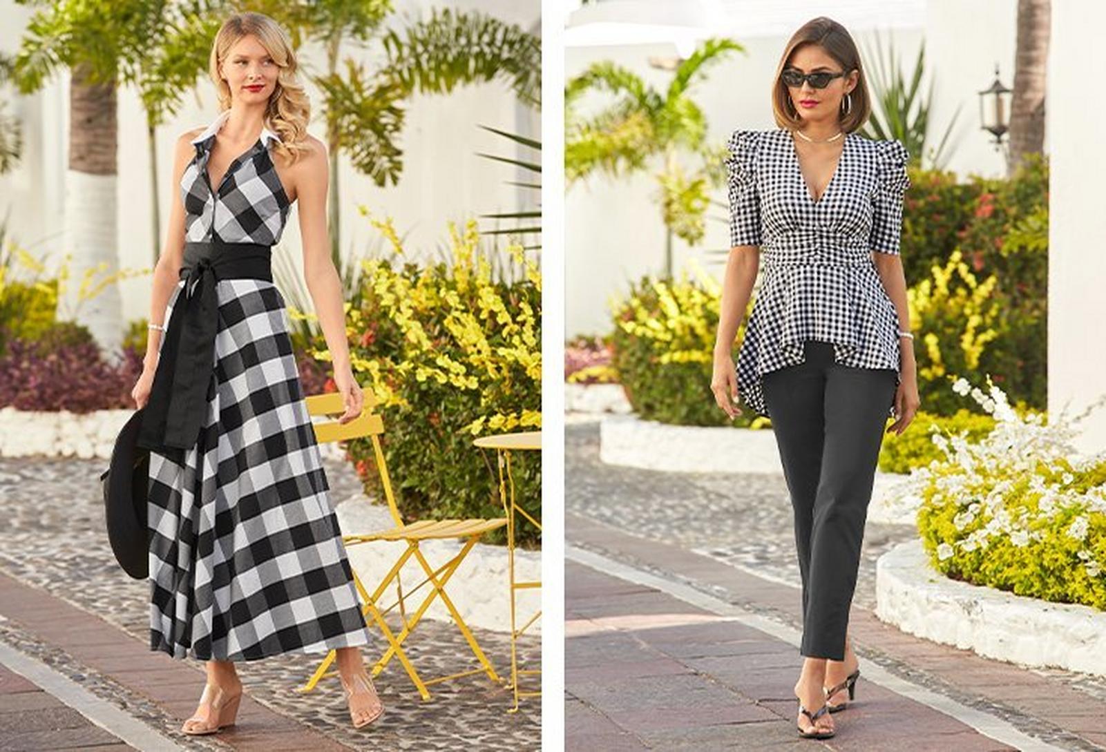 left model wearing a black and white gingham halter maxi dress and clear heels. right model wearing a black and white gingham puff-sleeve high-low top, black twill pants, and black low-heeled sandals.