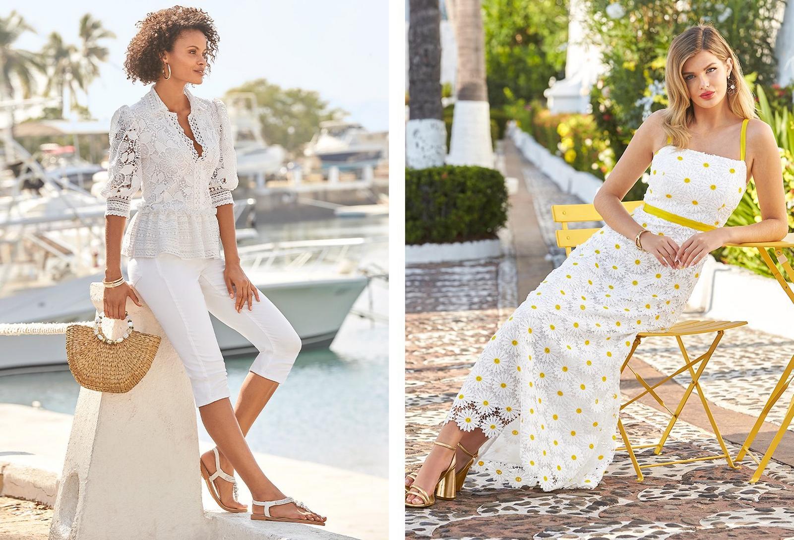 left model wearing a white lace peplum puff-sleeve top, white cropped jeans, pearl sandals, silver hoop earrings, and straw bag. right model wearing a white and yellow daisy lace sleeveless maxi dress and gold strappy heels.