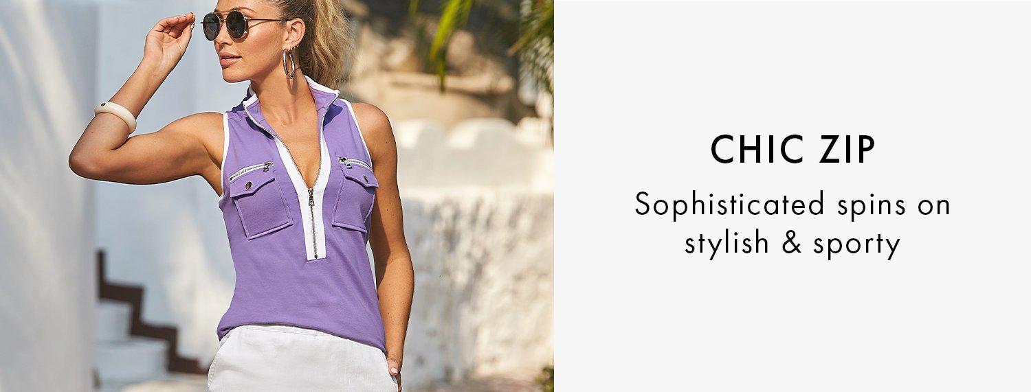 model wearing a purple sleeveless chic zip top.