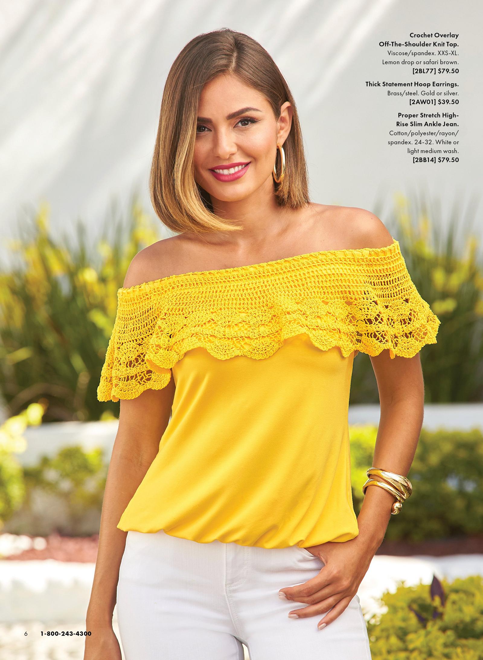 model wearing a yellow crochet overlay off-the-shoulder top, gold hoop earrings, and white jeans.