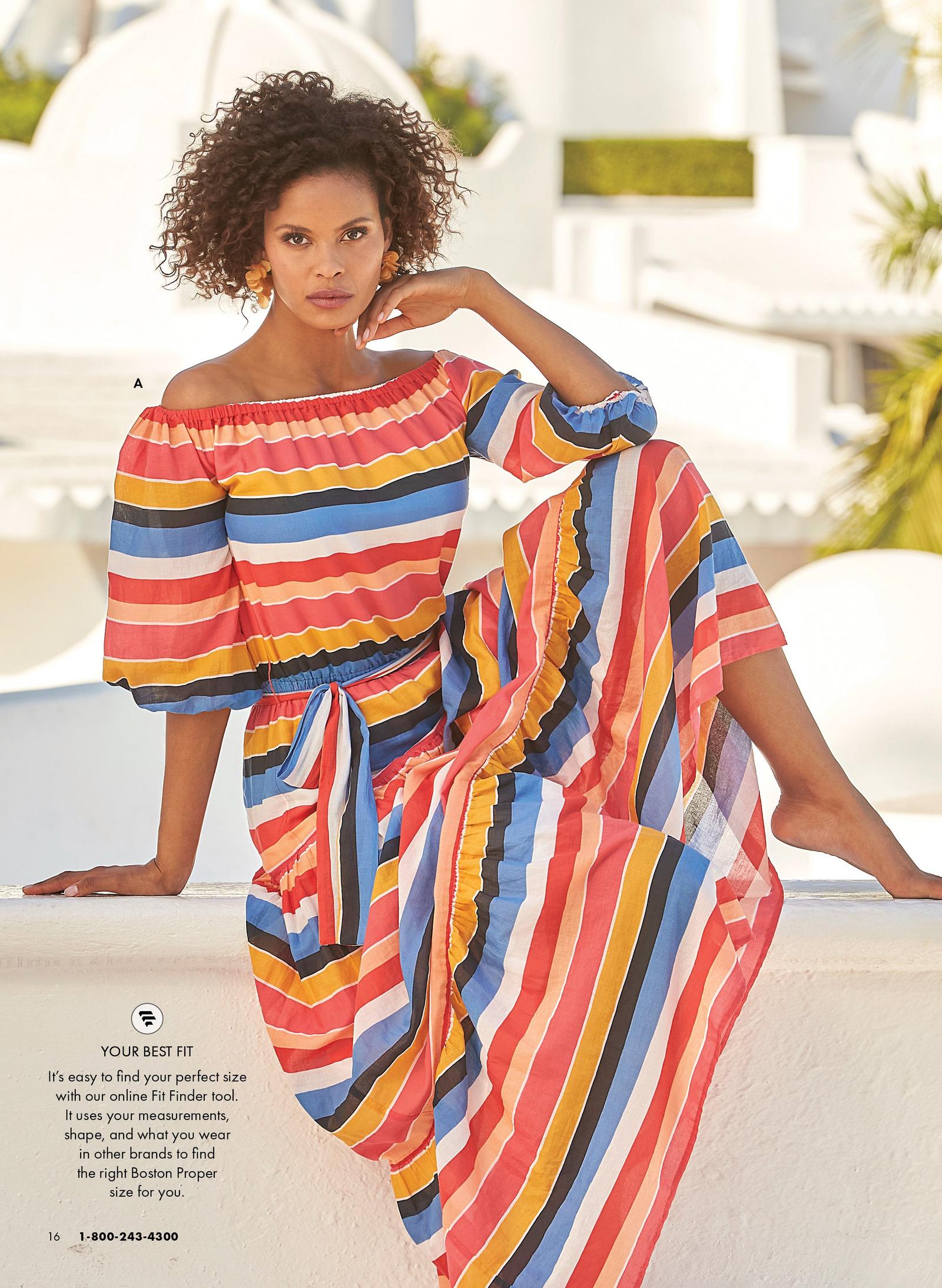 model wearing an off-the-shoulder multicolored stripe maxi dress.