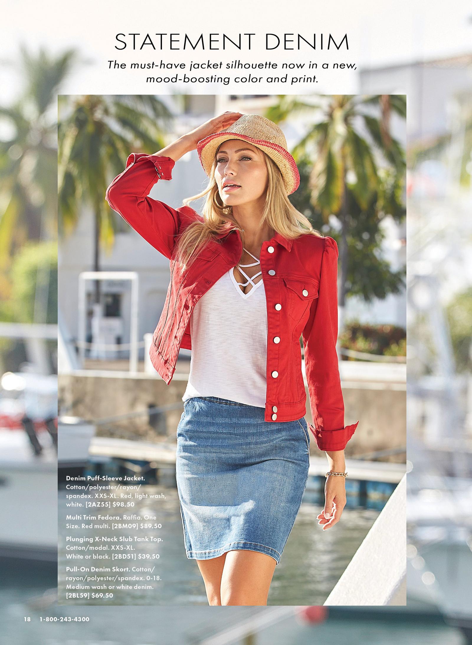 model wearing a red denim puff-sleeve jacket, white x-neck tank top, denim skirt, and fedora hat.