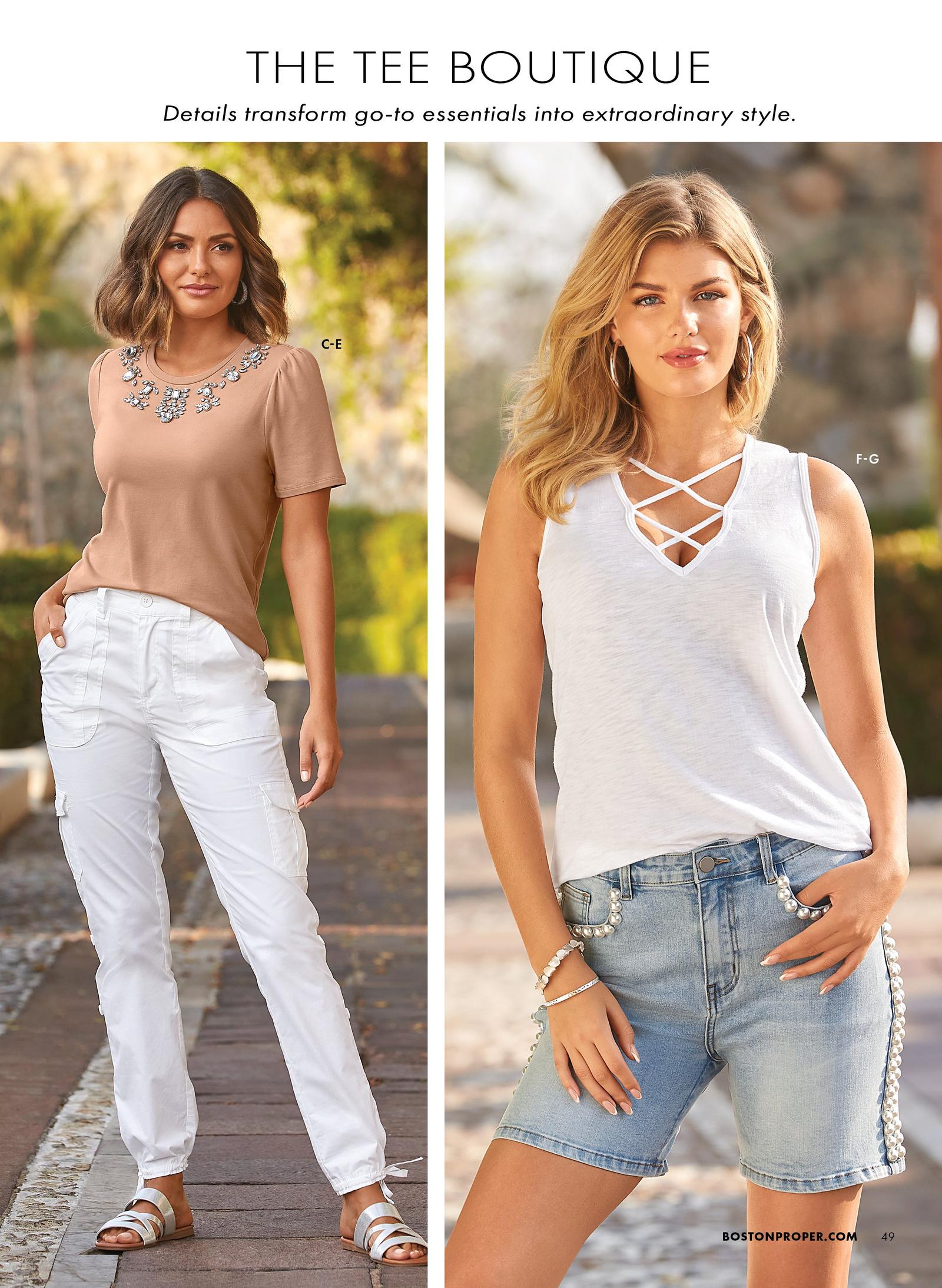 left model wearing a jewel embellished tan tee shirt, white cargo pants, and silver strappy sandals. right model wearing a white sleeveless x-neck top and denimm shorts.