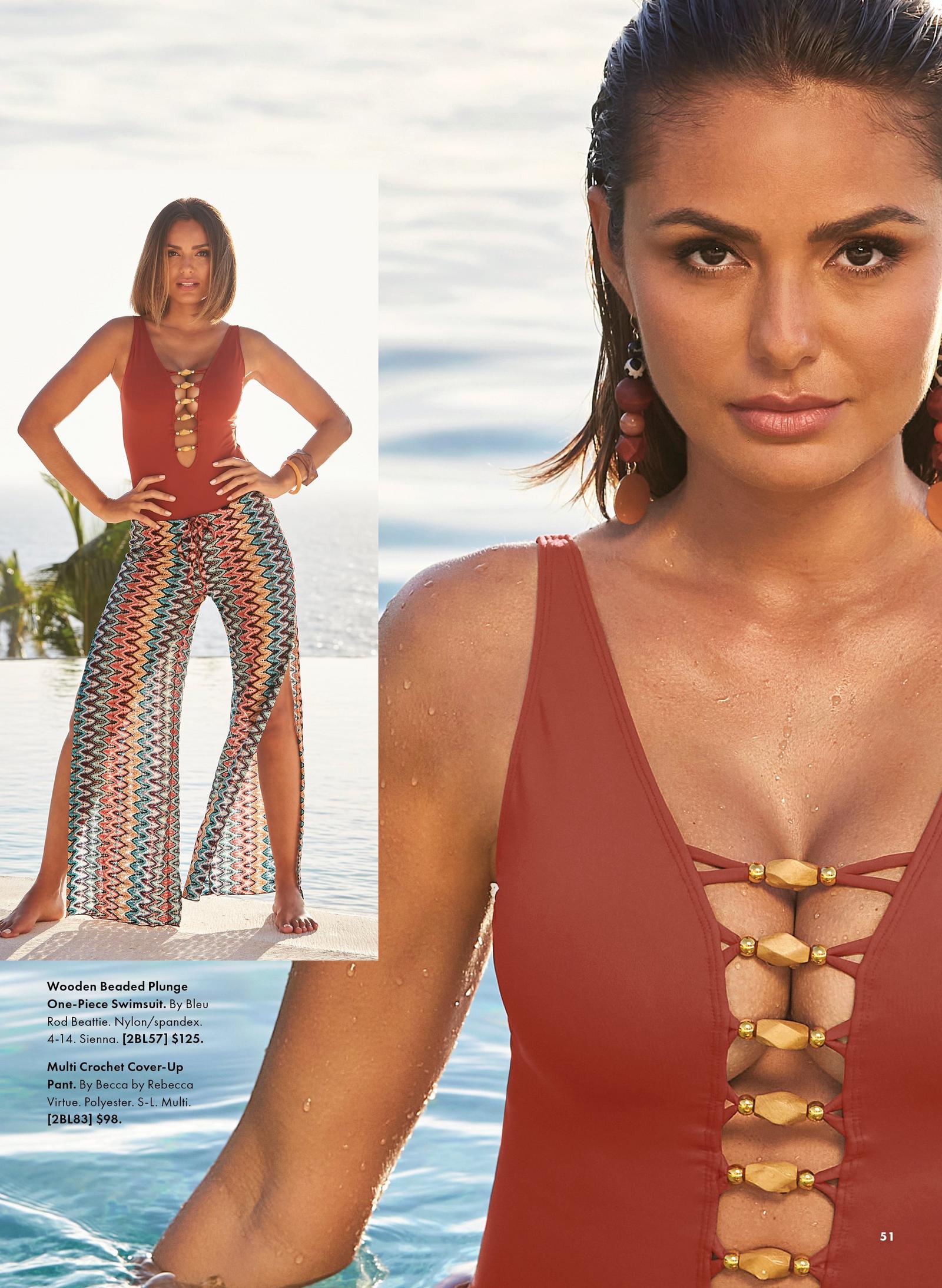 model wearing a sienna one-piece wooden beaded plunge swimsuit and multicolored crochet cover up pants.