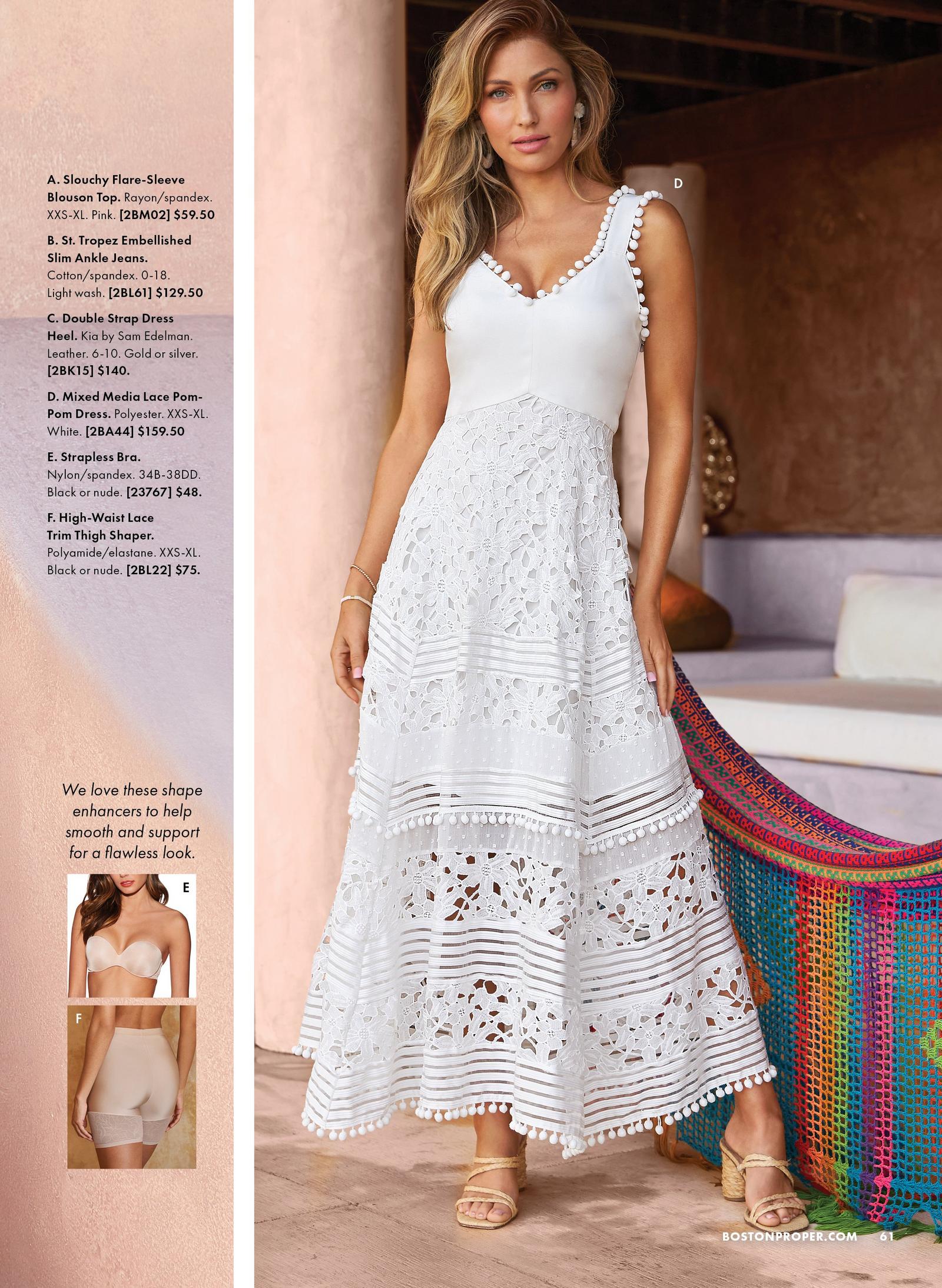 model wearing a white sleeveless lace and pom-pom maxi dress and raffia heels. nude strapless bra and nude lace-trim thigh shaper shown.