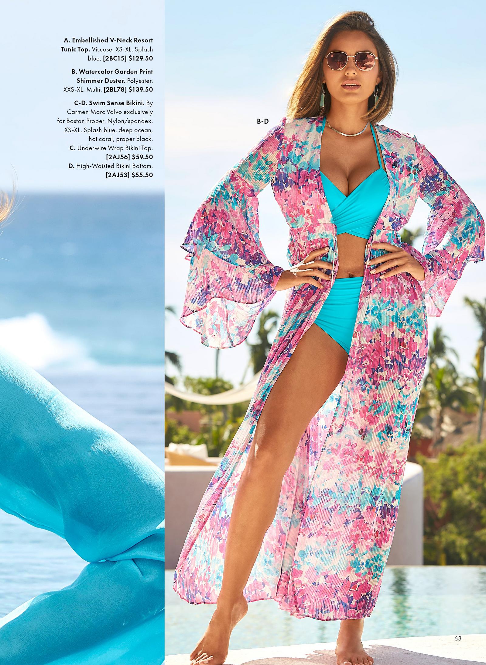 model wearing a watercolor garden print shimmer duster, blue bikini, and sunglasses.