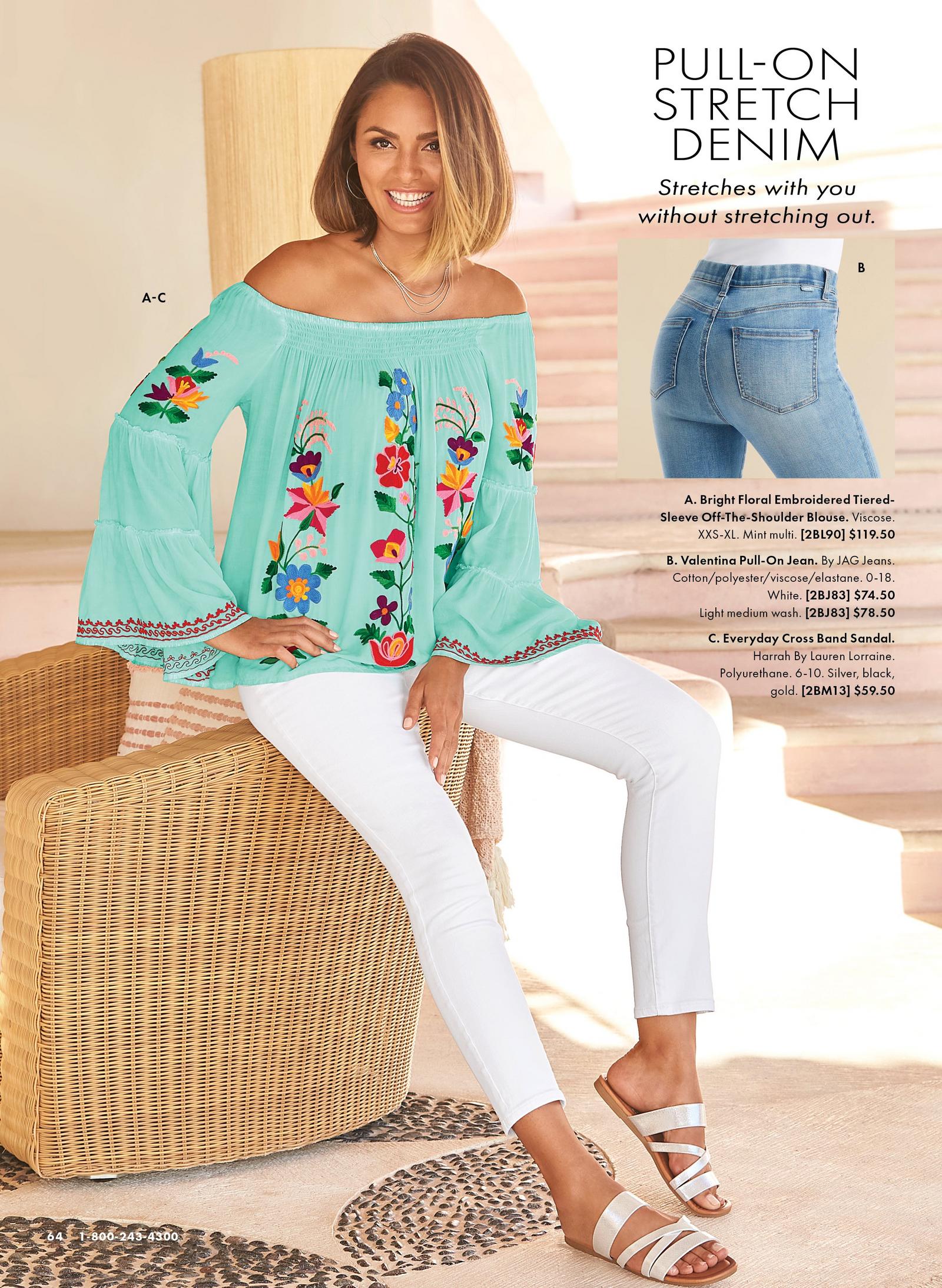 model wearing a mint off-the-shoulder flare-sleeve floral embroidered top, white jeans, and silver strappy sandals.