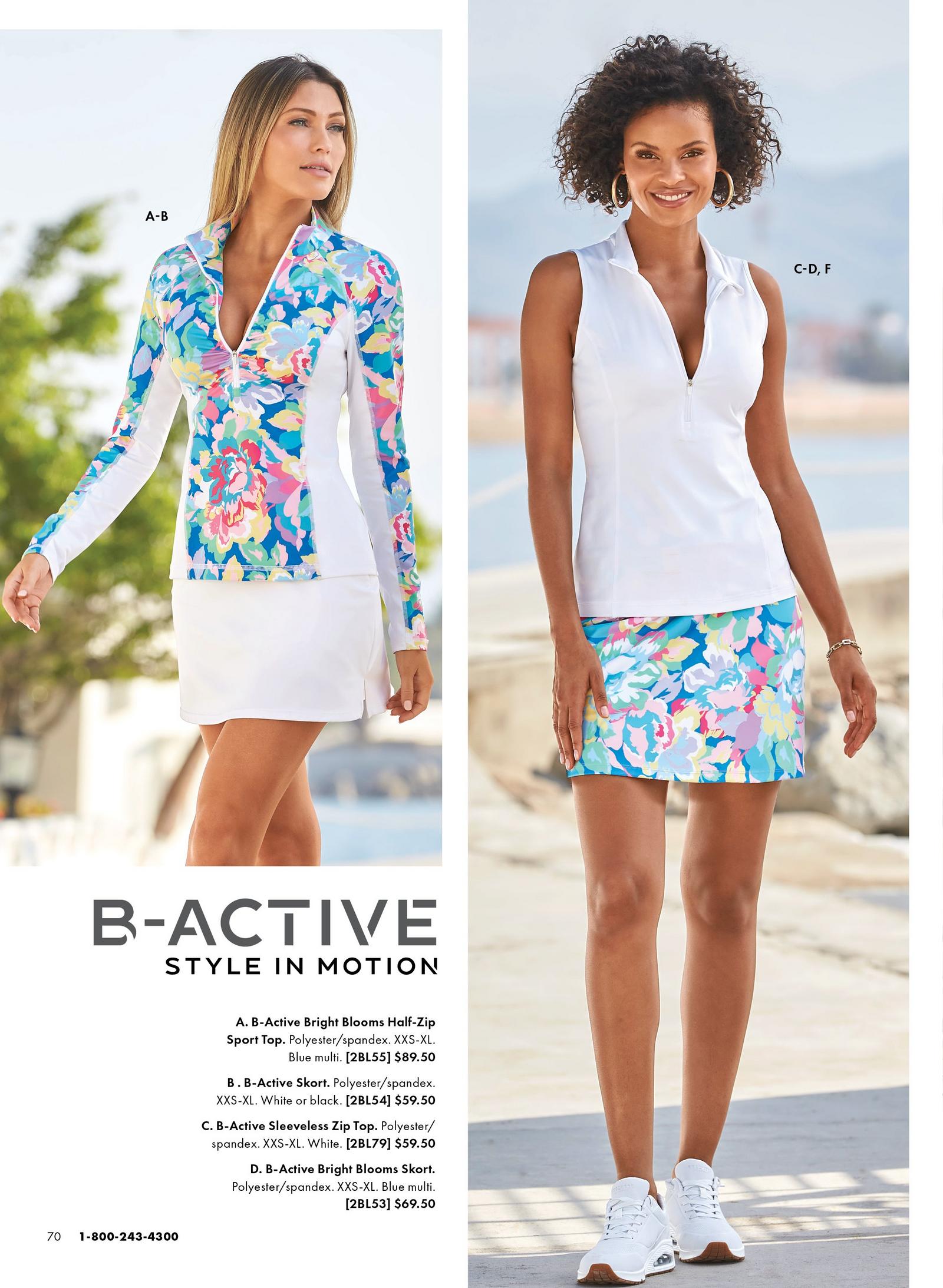 left model wearing a floral print half-zip sport top and white skort. right model wearing a white sleeveless collared half-zip top, floral print skort, gold hoop earrings, and white sneakers.