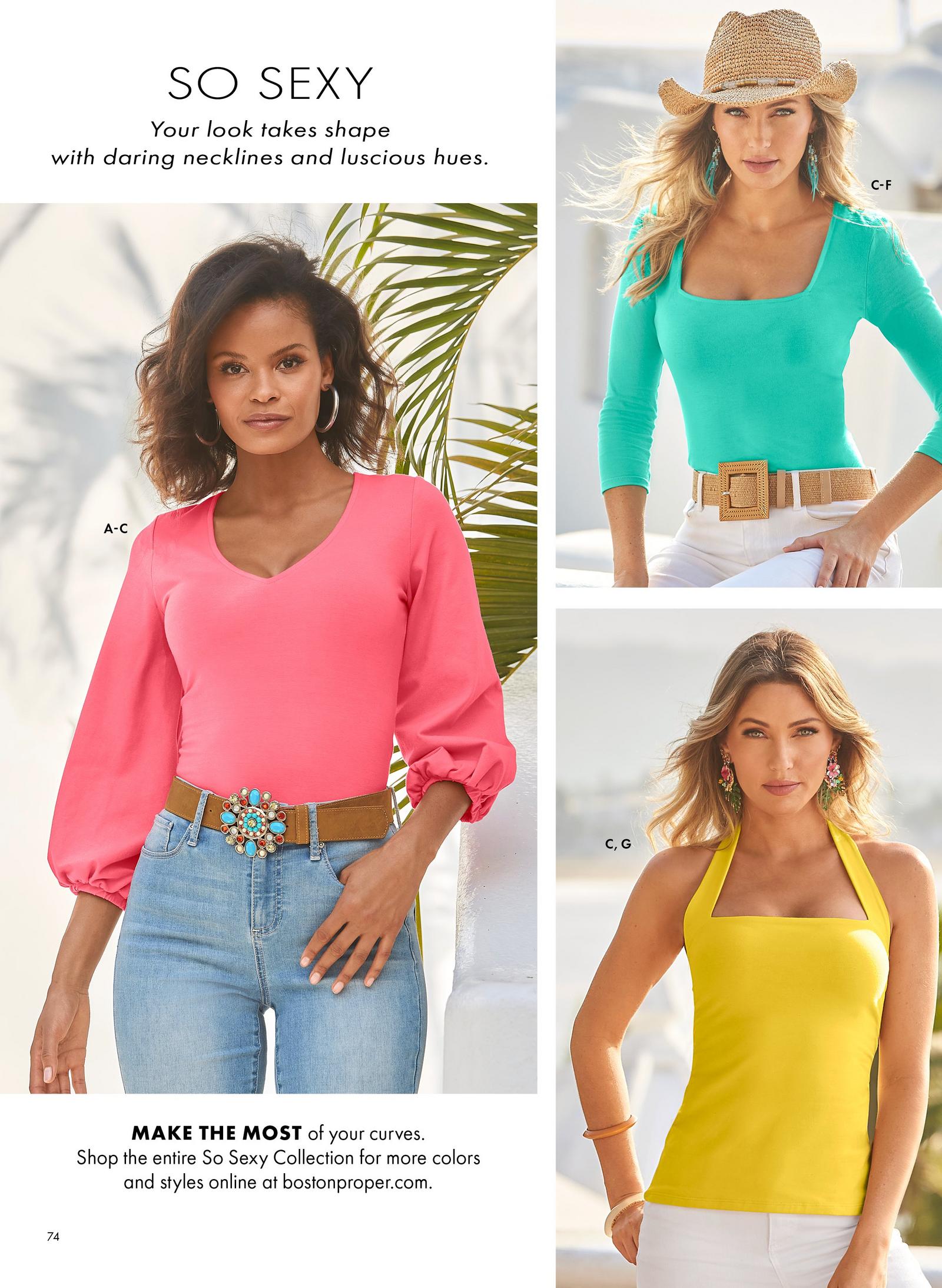 left model wearing a pink balloon sleeve v-neck top, brown belt with stone embellishments, and light wash jeans. top right model wearing a mint square-neck three-quarter sleeve top, raffia belt, white jeans, and fedora hat.