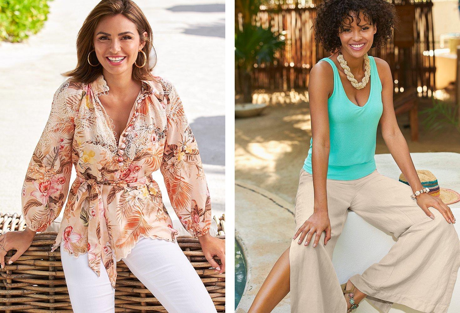 left model wearing a multicolor floral print long-sleeve belted linen top, white jeans, and gold hoop earrings. right model wearing a mint tank top, tan linen side slit pants, and large statement necklace.