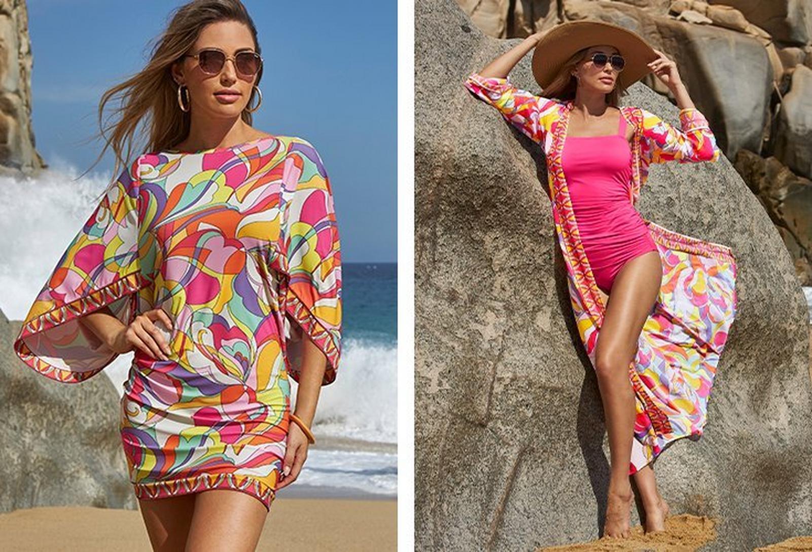 left model wearing a multicolored paisley print tunic cover up and sunglasses. right model wearing a multicolored paisley print duster cover up, pink tankini, sunglasses, and tan floppy hat.