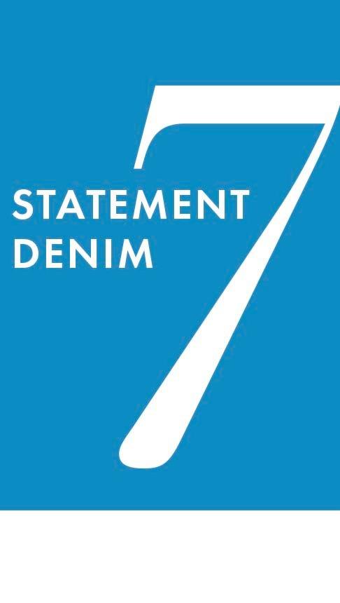 white text on blue background: statement denim.