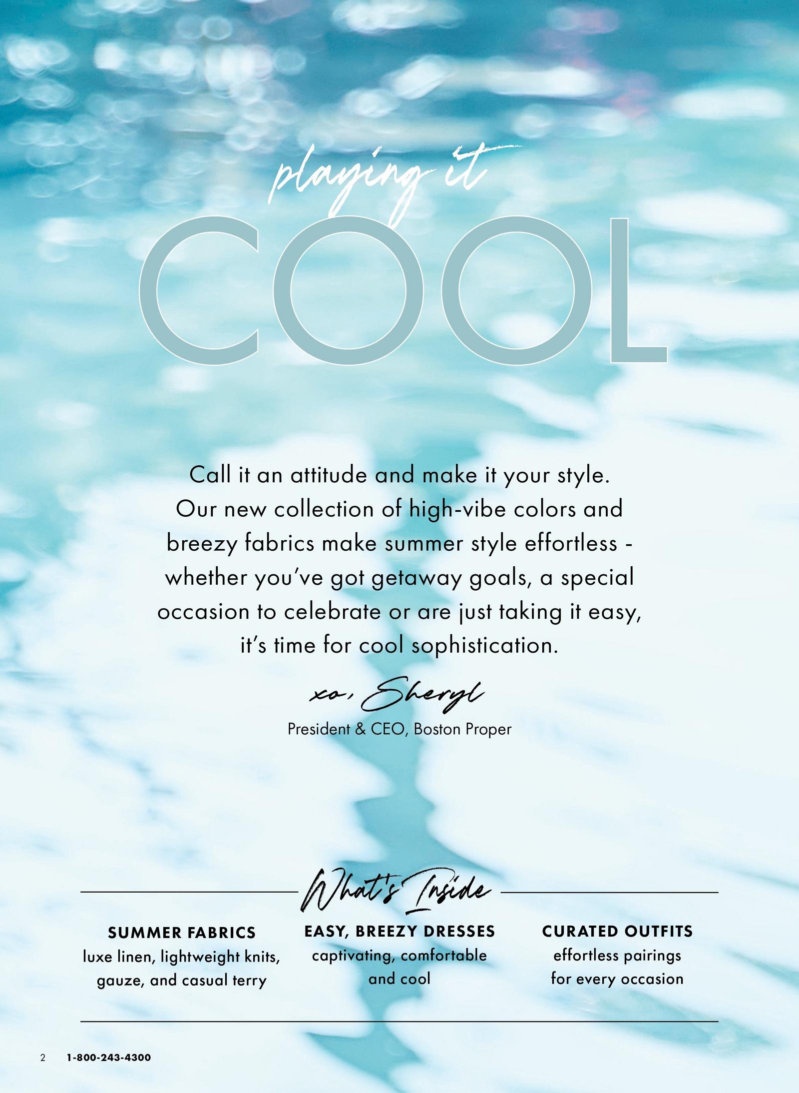 A background of light blue rippling water is covered by the CEO's description of our new collection.
