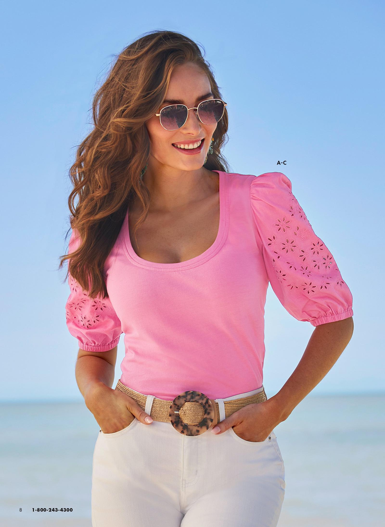 Model is wearing a Tortoiseshell Buckle Raffia Stretch Belt, Proper Stretch High-Rise Slim Ankle Jean in white and an Eyelet Puff-Sleeve Tee in bright pink.