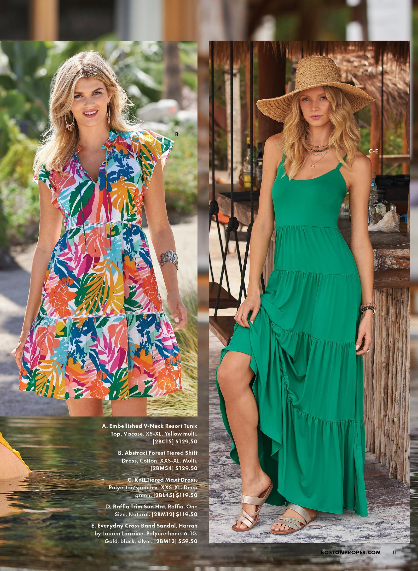 One model wears the Abstract Forest Tiered Shift Dress in a rainbow floral print. Another model wears the Knit Tiered Maxi Dress in a deep green, the Raffia Trim Sun Hat in a natural woven tan and the Everyday Cross Band Sandal featuring silver straps and a brown bottom.