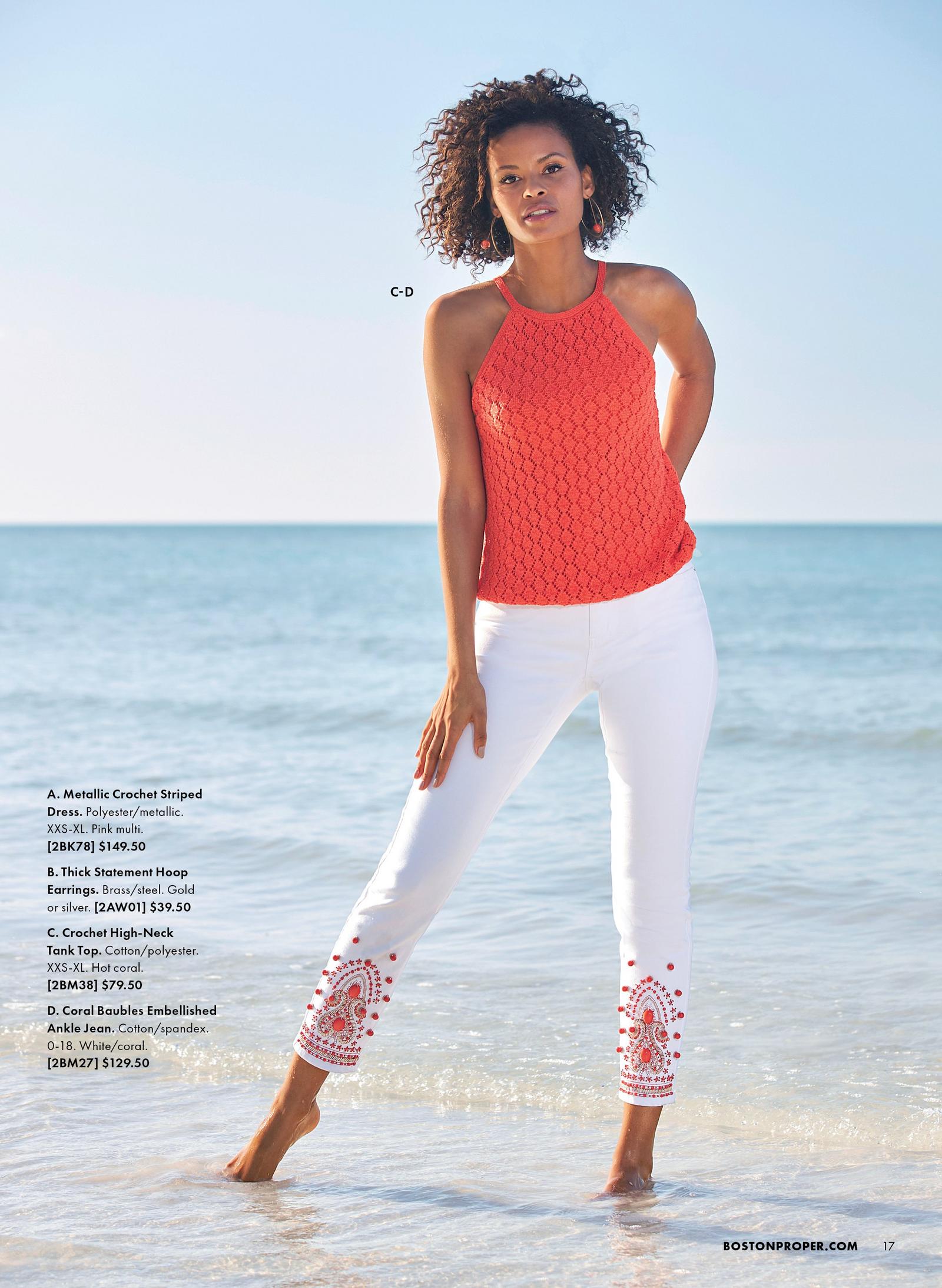 Model is wearing the Coral Baubles Embellished Ankle Jean in white and the Crochet High Neck Tank Top in Coral.