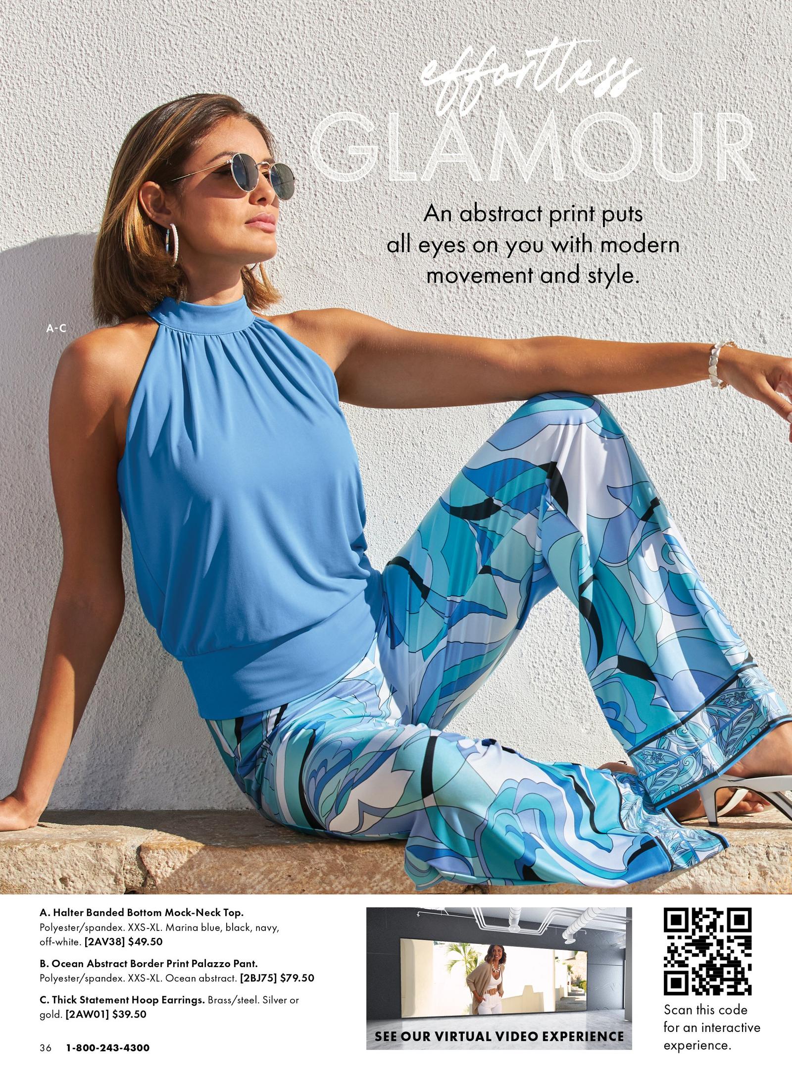 Model is wearing the Halter Banded Bottom Mock-Neck Top in powder blue, the Ocean Abstract Border Print Palazzo Pant in a blue, periwinkle, black and white abstract print and the Thick Statement Hoop Earrings in silver.