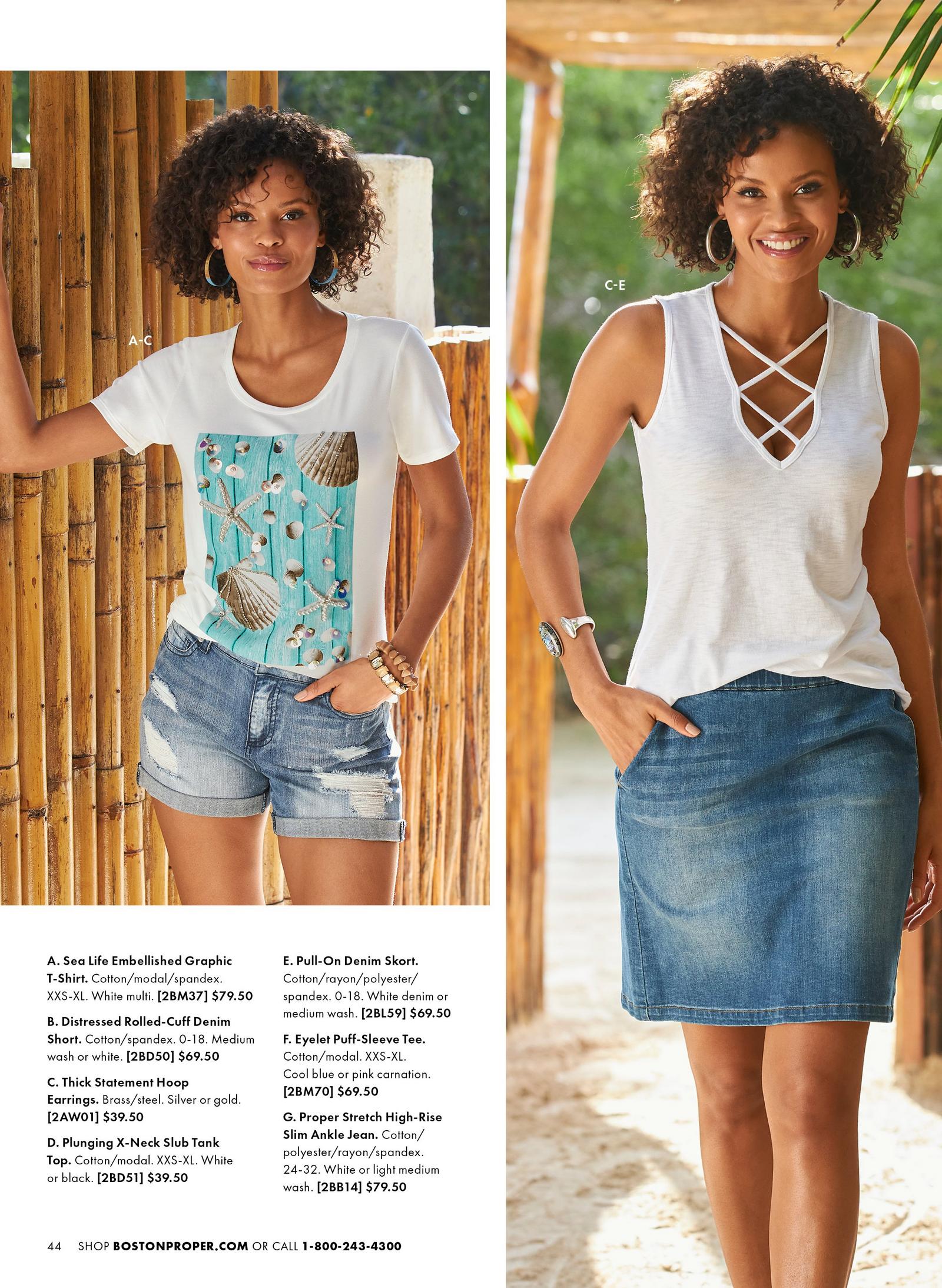 Model is wearing the Sea Life Embellished Graphic T-Shirt in white with blue wood and brown and white shells overtop, the distressed Rolled-Cuff Denim Short in medium wash and the Thick Statement Hoop Earrings in brass. Another model wears the Thick Statement Hoop Earrings in brass, the Plunging X-Neck Slub Tank Top in white and the Pull-On Denim Skort in medium wash.