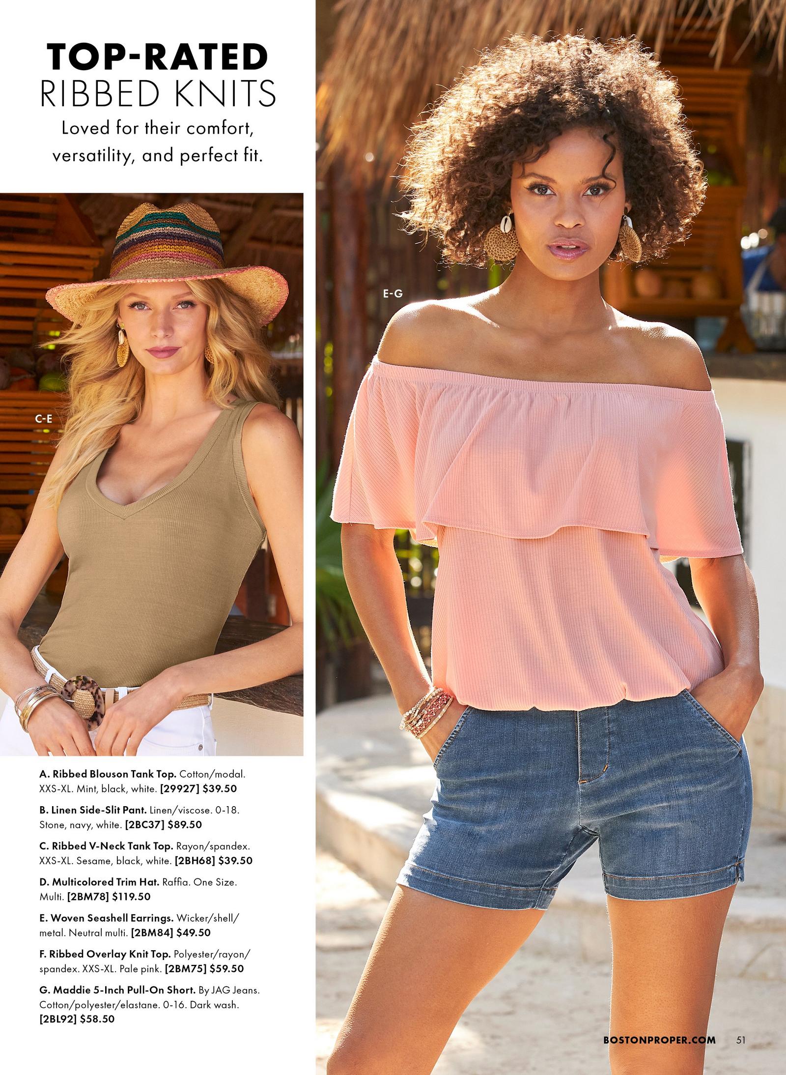 One model is shown wearing the Multicolor Trim Hat in a woven muted striped rainbow and light tan color, the Woven Seashell Earrings in woven light tan and the Ribbed V-Neck Tank Top in light brown while another model is shown wearing the Ribbed Overlay Knit Top in light pink, the Maddie 5- Inch Pull On Shorts and the Woven Seashell Earrings in a woven tan.