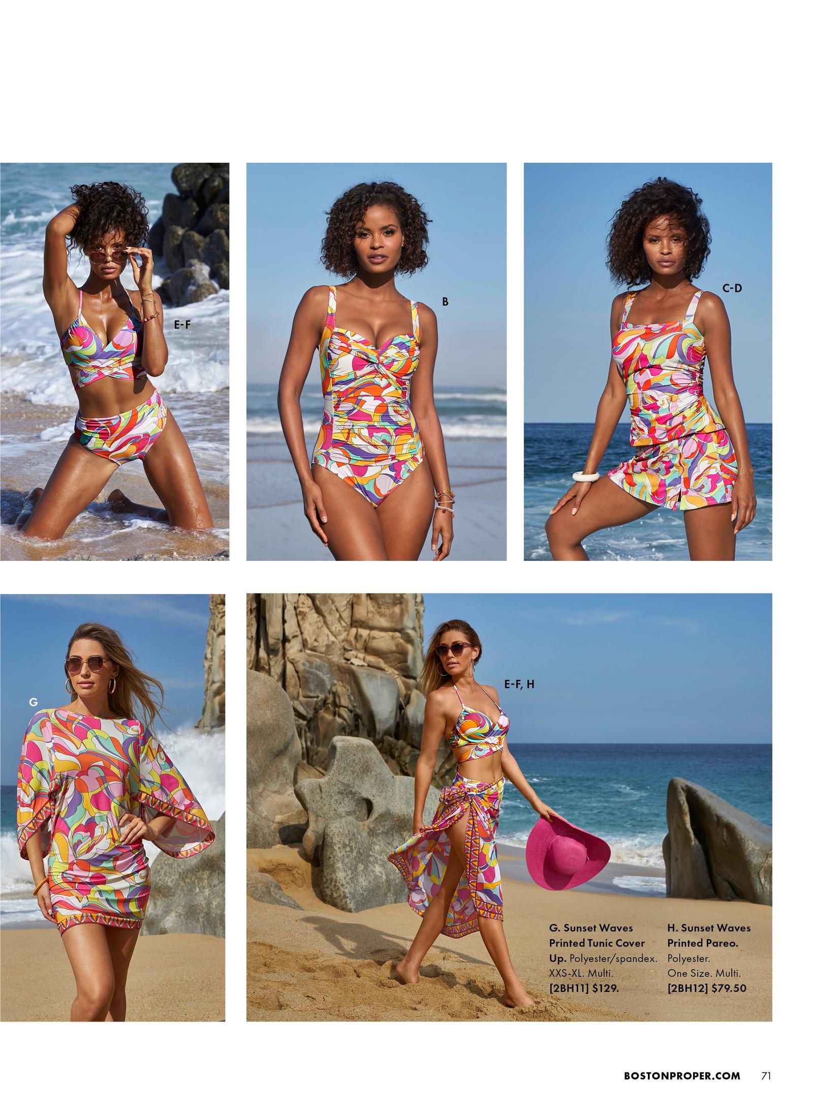 The first model is wearing the Underwire Wrap Bikini Top in a colorful abstract print and the High Waisted Bikini Bottom in a matching colorful abstract print. The model is displayed again wearing the Twist Front One-Piece Swimsuit in a colorful abstract print. The model is then shown in the Square Neck Tankini Top in a colorful abstract print and the High Waisted Skirted Bottom in a colorful abstract print. There is a second model wearing the Sunset Waves Printed Tunic Cover Up in a colorful abstract print. The second model is shown again wearing the Underwire Wrap Bikini Top in a colorful abstract print, the High Waisted Bikini Bottom in an abstract print and the Sunset Waves Printed Pareo in a colorful abstract print.