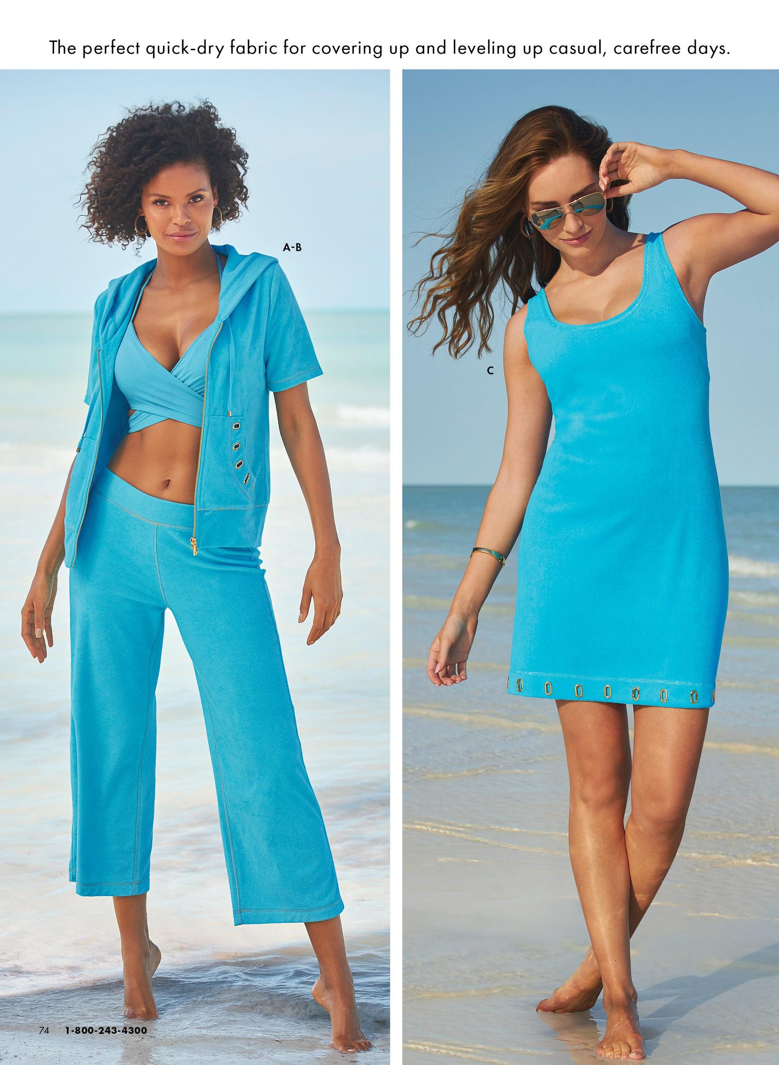 Model is wearing the Terry Grommet Short-Sleeve Warm-Up Set in bright blue with a drawstring and grommet details on the pocket and the Swim Sense Underwire Wrap Bikini Top in bright blue.