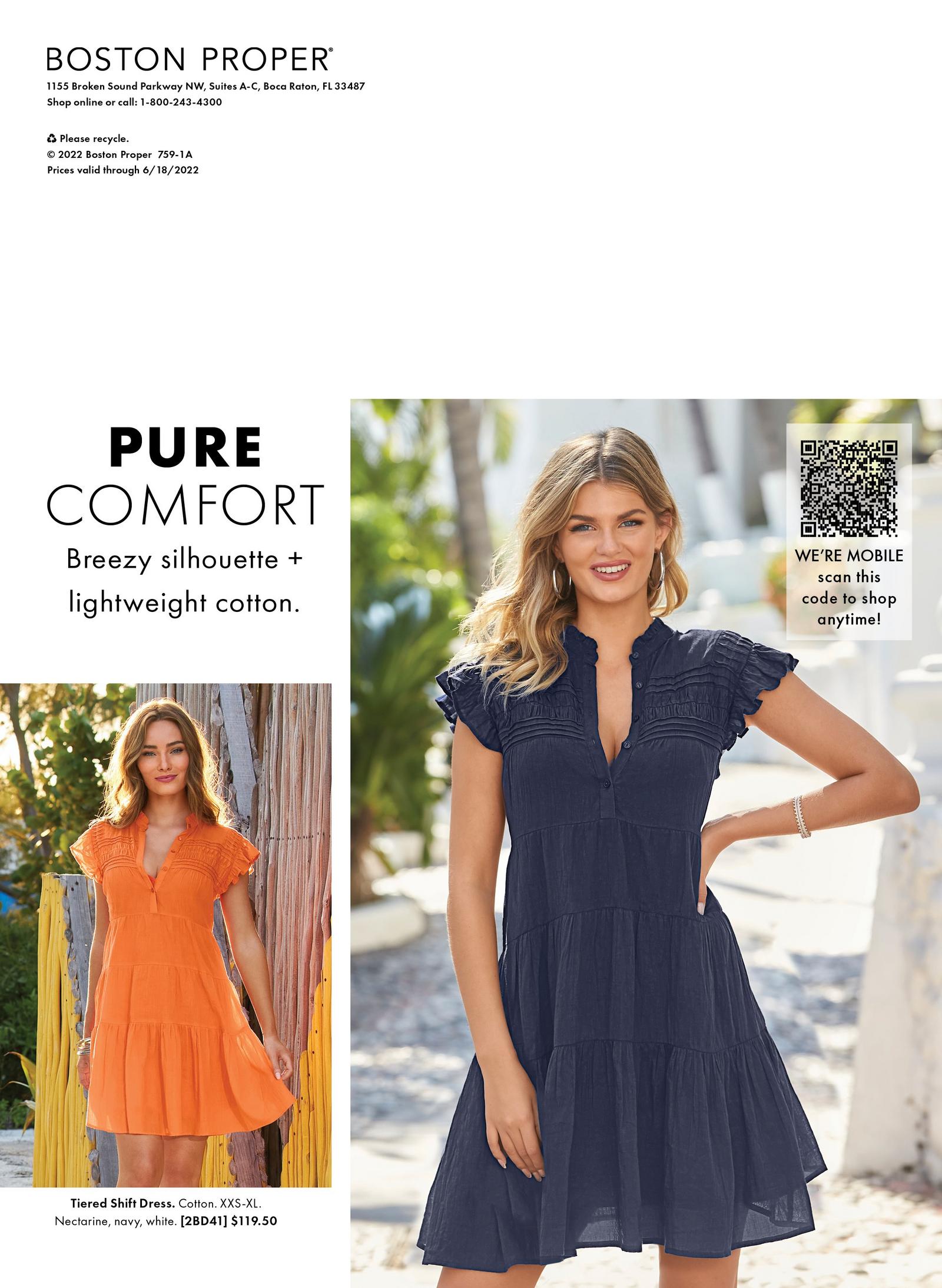 Model is shown wearing the Tiered Shift Dress in orange cotton. Another model is shown wearing the Tiered Shift Dress in cotton navy.