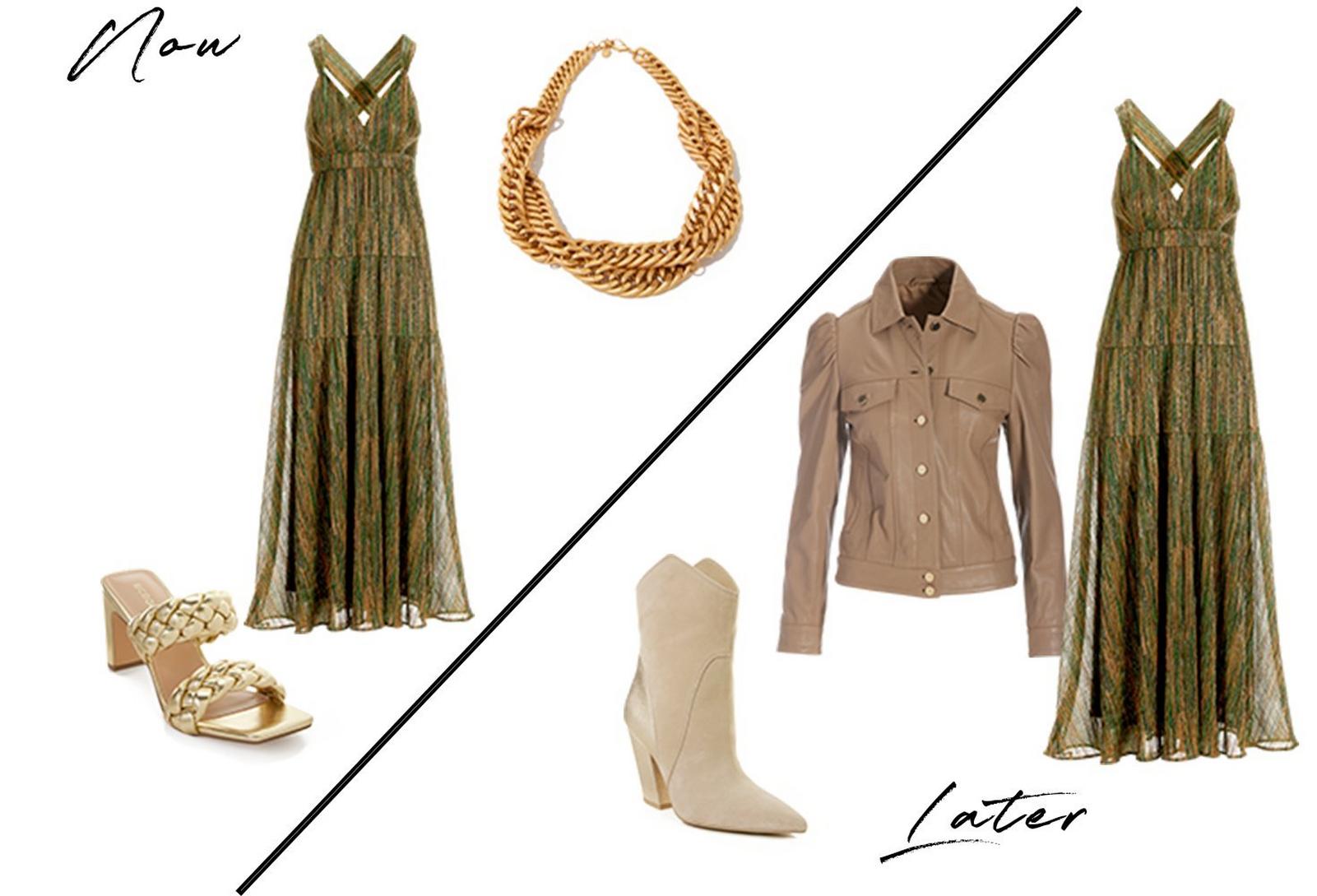 two looks from day to night with a metallic sleeveless maxi dress.