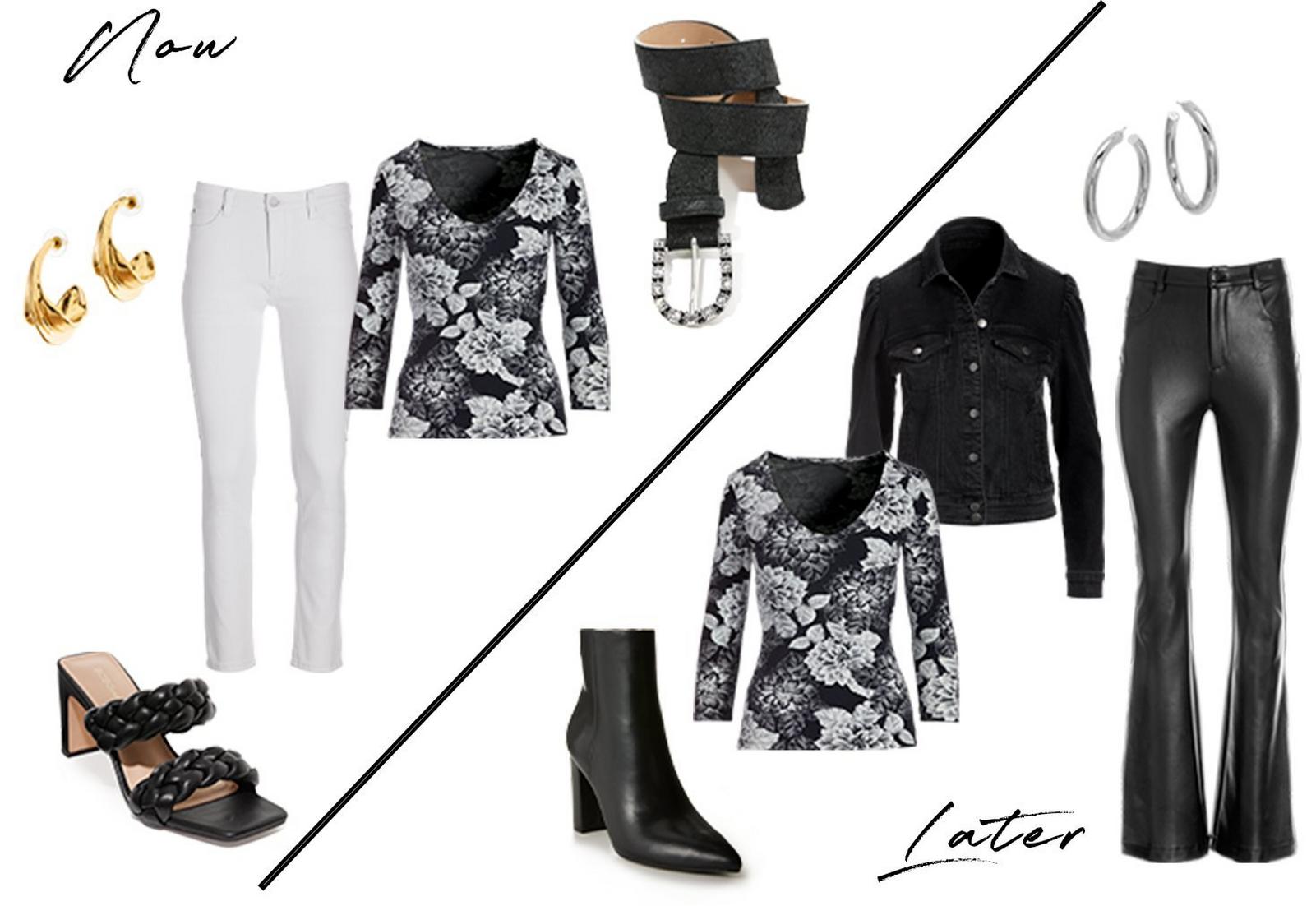two looks from day to night featuring the black and white floral print scoop neck three-quarter sleeve top.