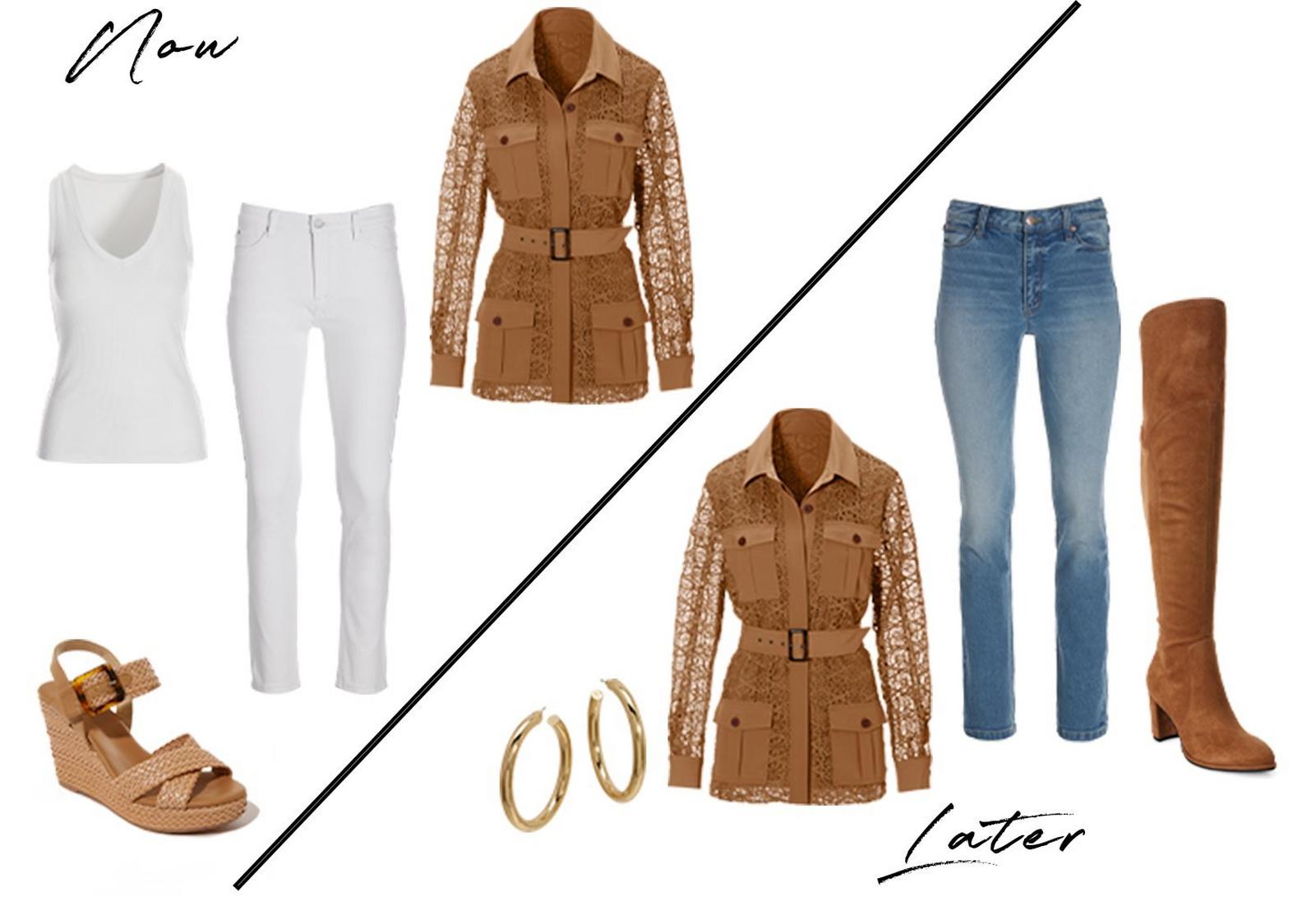 two looks from day to night featuring the brown lace and leather belted jacket.