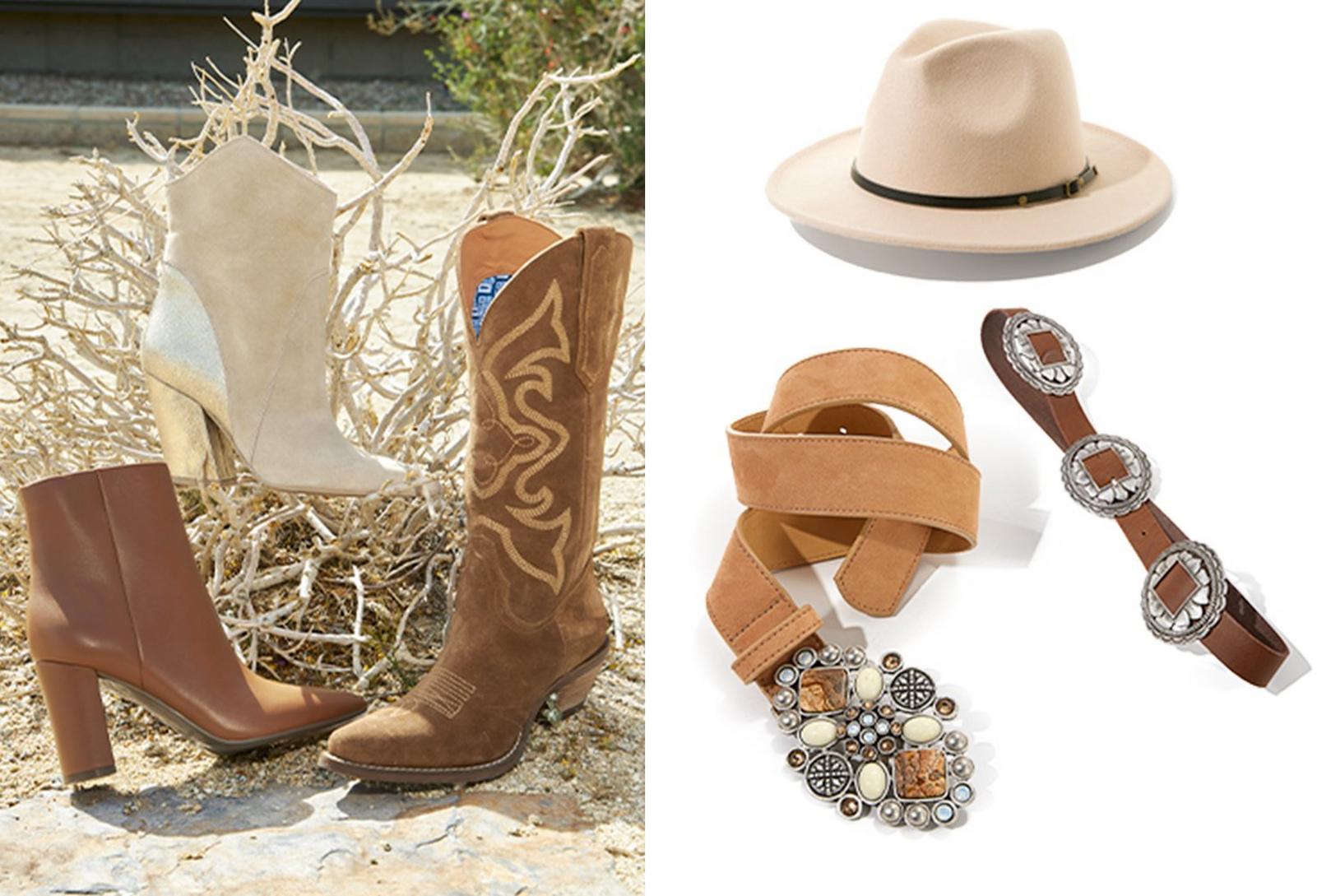 left side featuring three types of bohemian boots. right side featuring an embellished belt, a brown belt, and a tan hat.