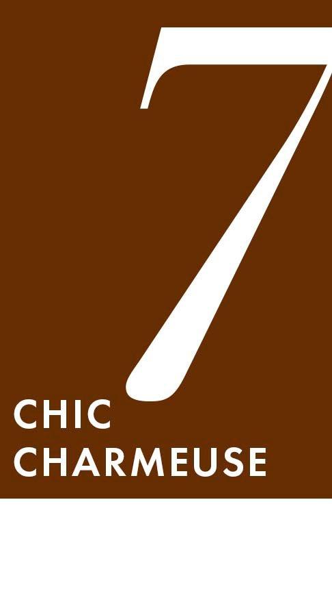 white text on brown background: chic charmeuse.