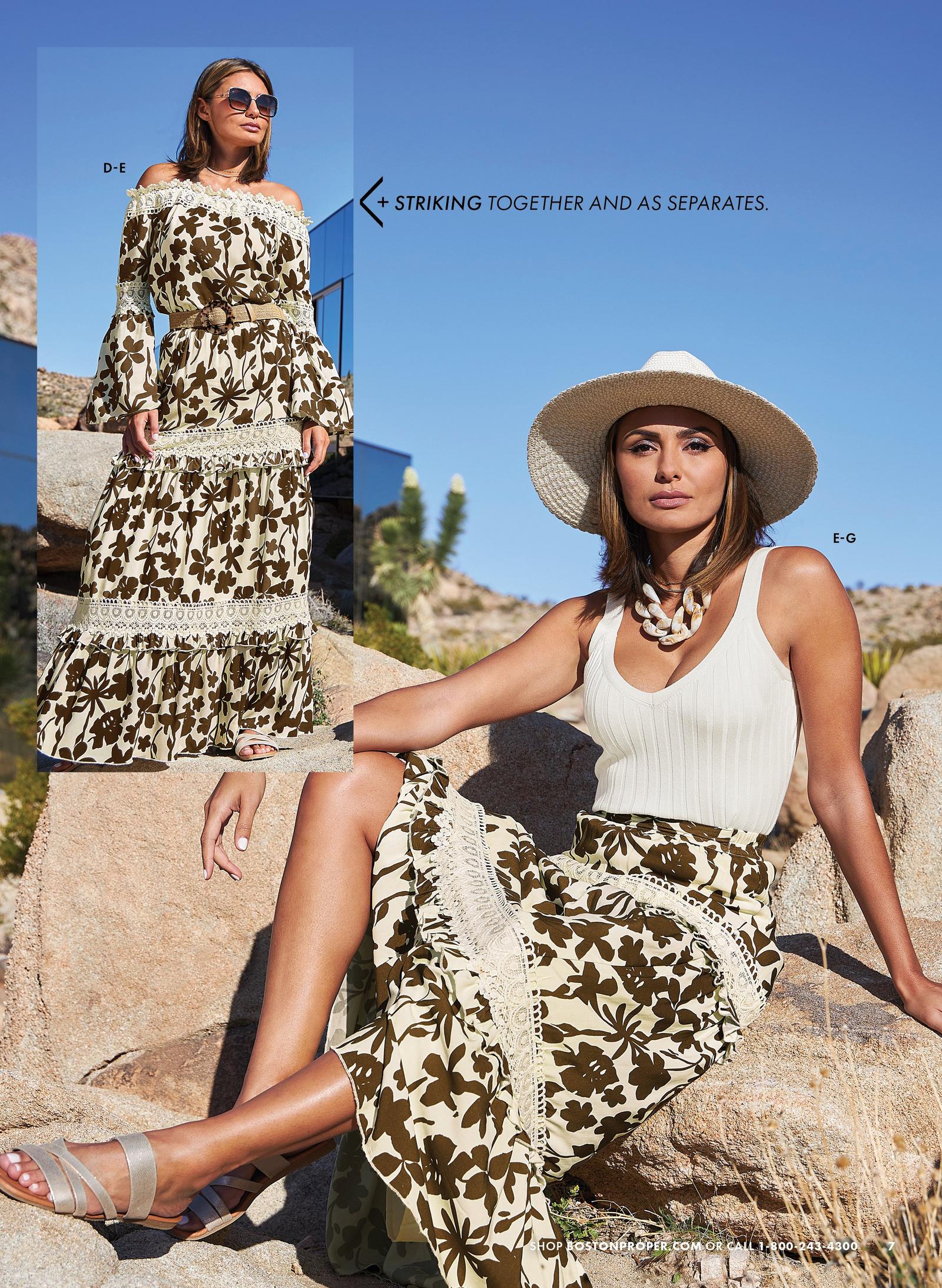 Model is shown wearing the floral print lace detail off the shoulder top and the floral print lace detail tiered maxi skirt. The model is shown again wearing the floral print lace detail tiered maxi skirt, the wide ribbed sweater tank in off-white and the shell wide brim hat.